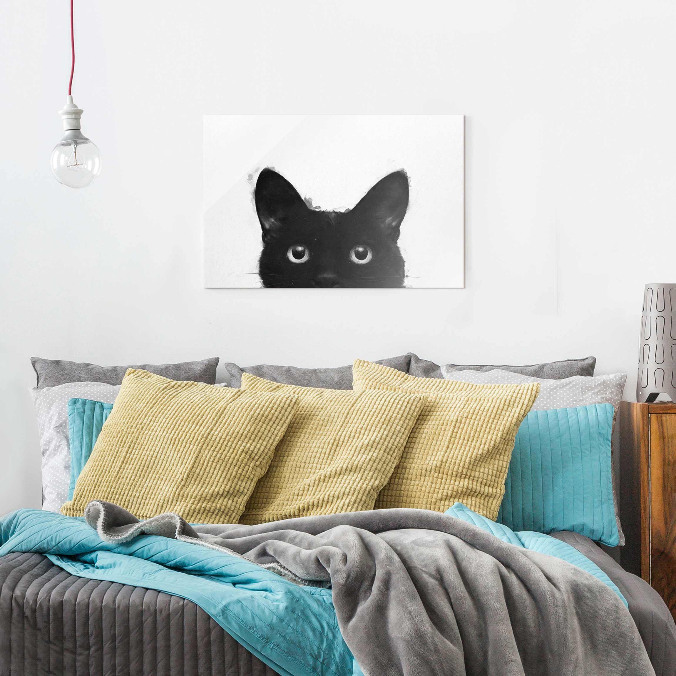 Glasbild - Querformat Illustration Schwarze Katze auf Weiß Malerei