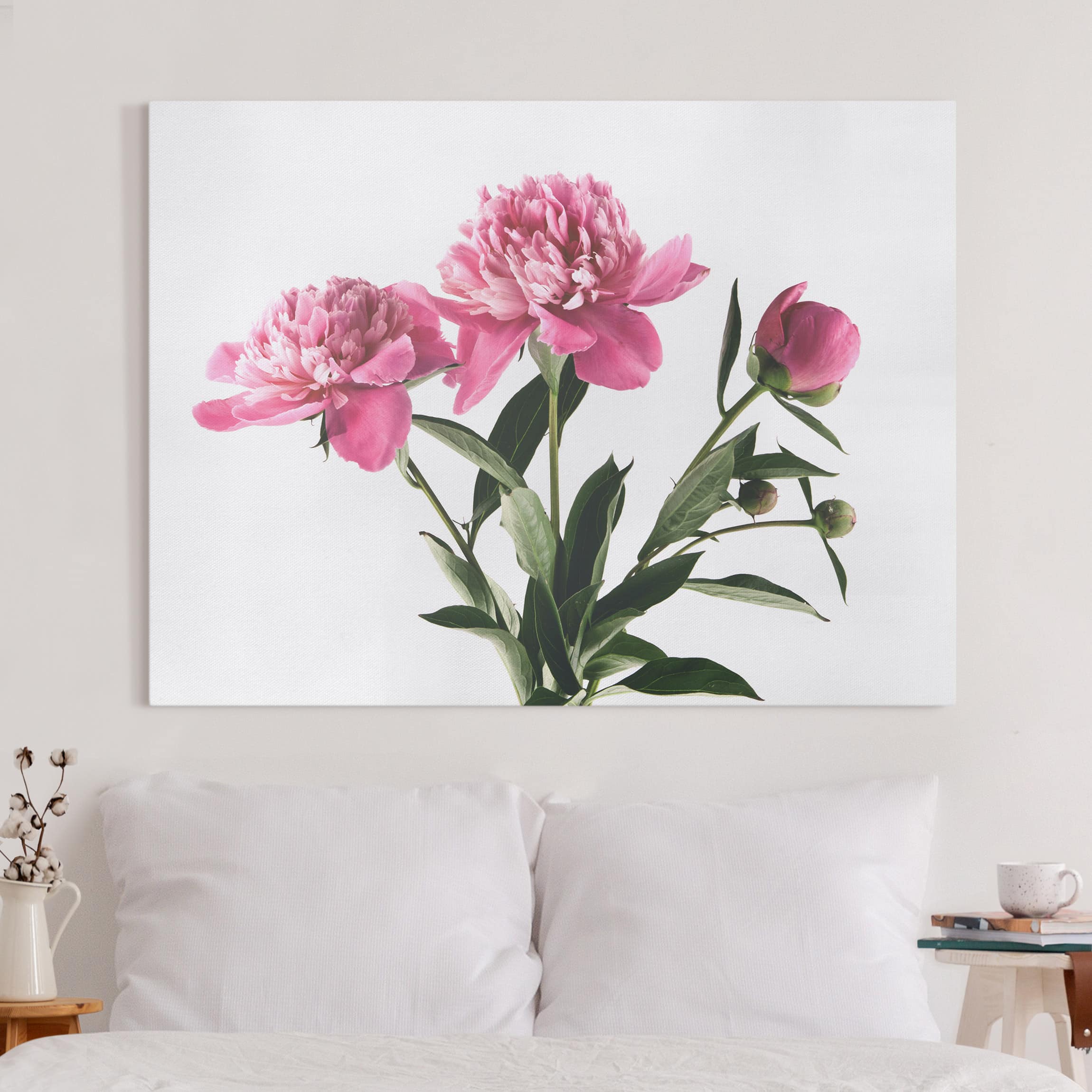 Leinwandbild - Querformat Blüten und Knospen Pink auf Weiß
