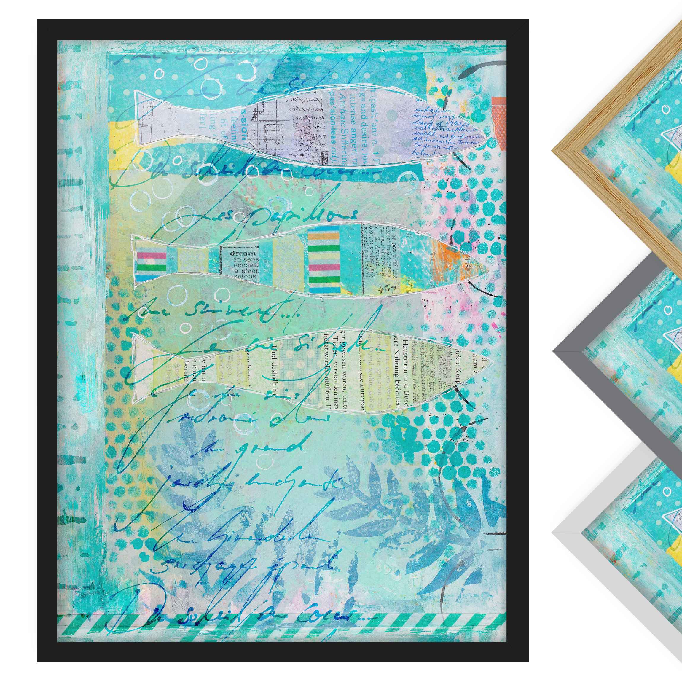 Bild mit Rahmen - Hochformat Bunte Collage - Fische und Punkte