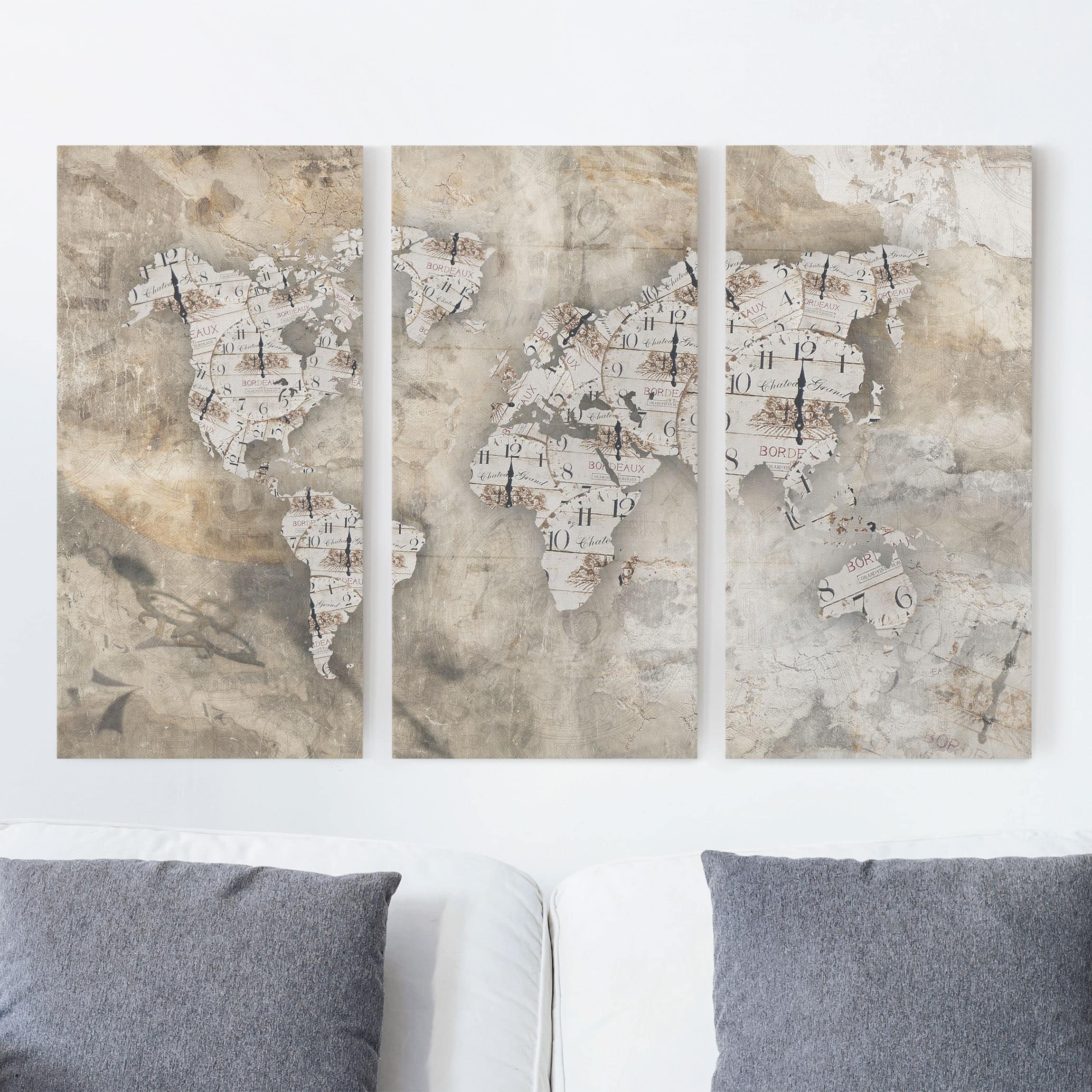 3-teiliges Leinwandbild Weltkarte Shabby Uhren Weltkarte
