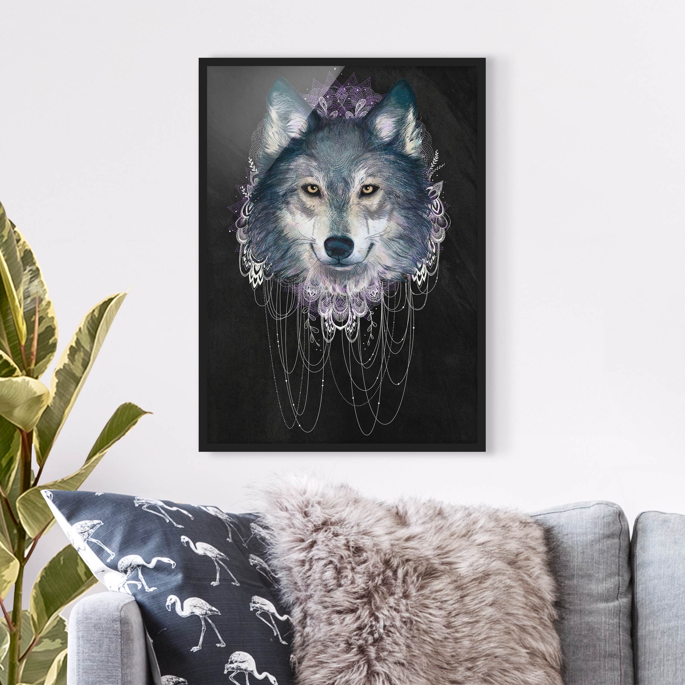 Bild mit Rahmen - Hochformat Illustration Wolf mit Boho Traumfänger Schwarz