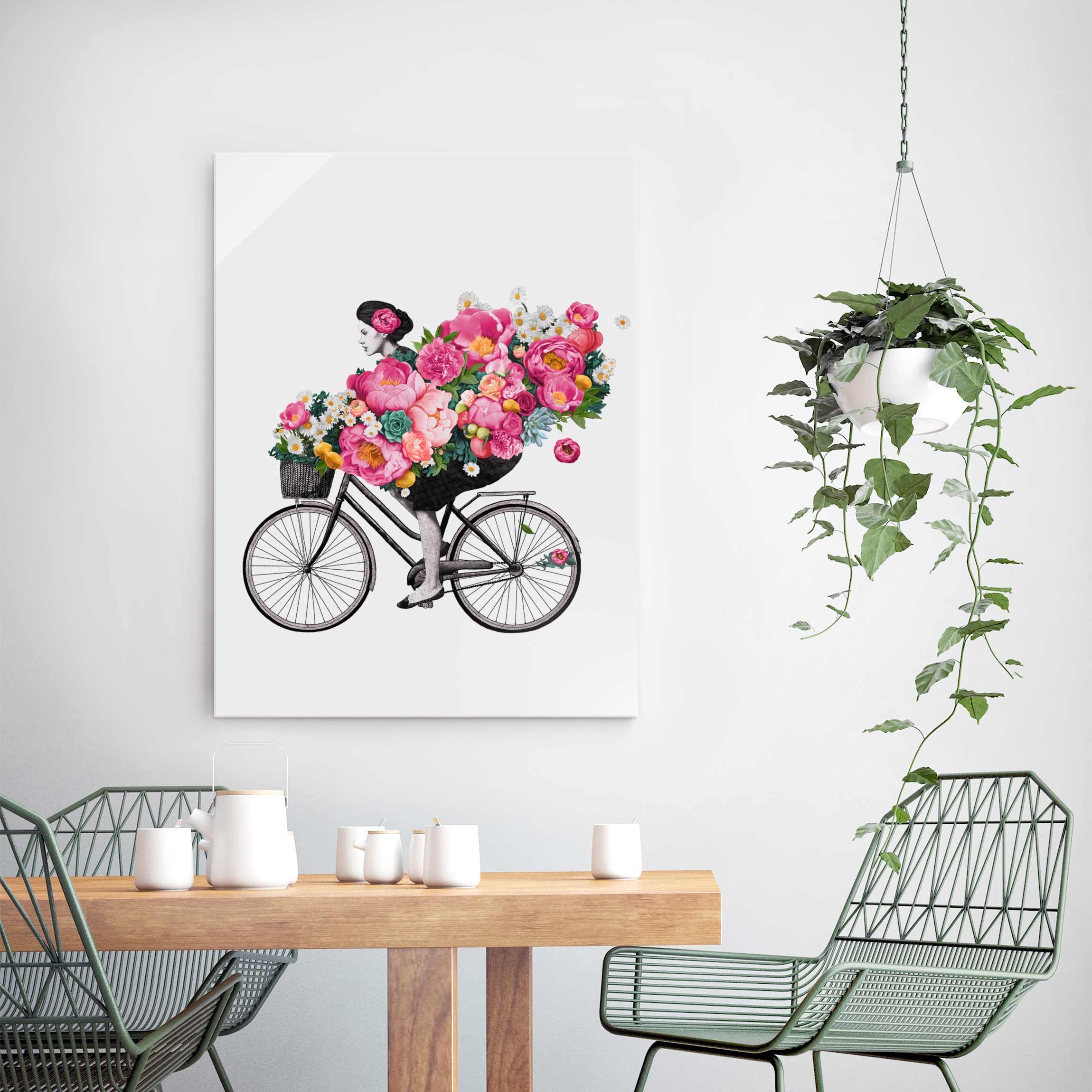 Glasbild Illustration Frau auf Fahrrad Collage bunte Blumen