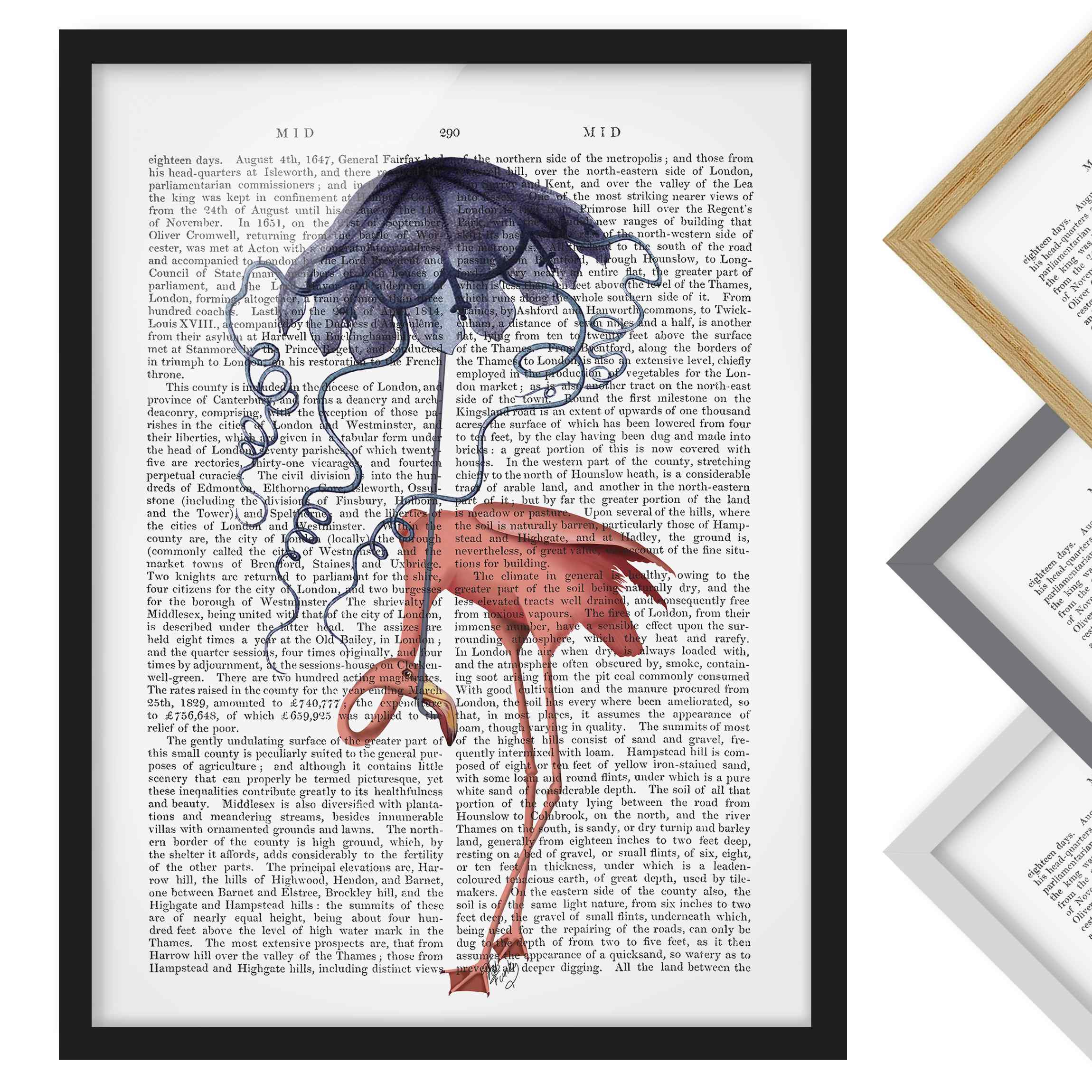 Bild mit Rahmen - Hochformat Tierlektüre - Flamingo mit Regenschirm