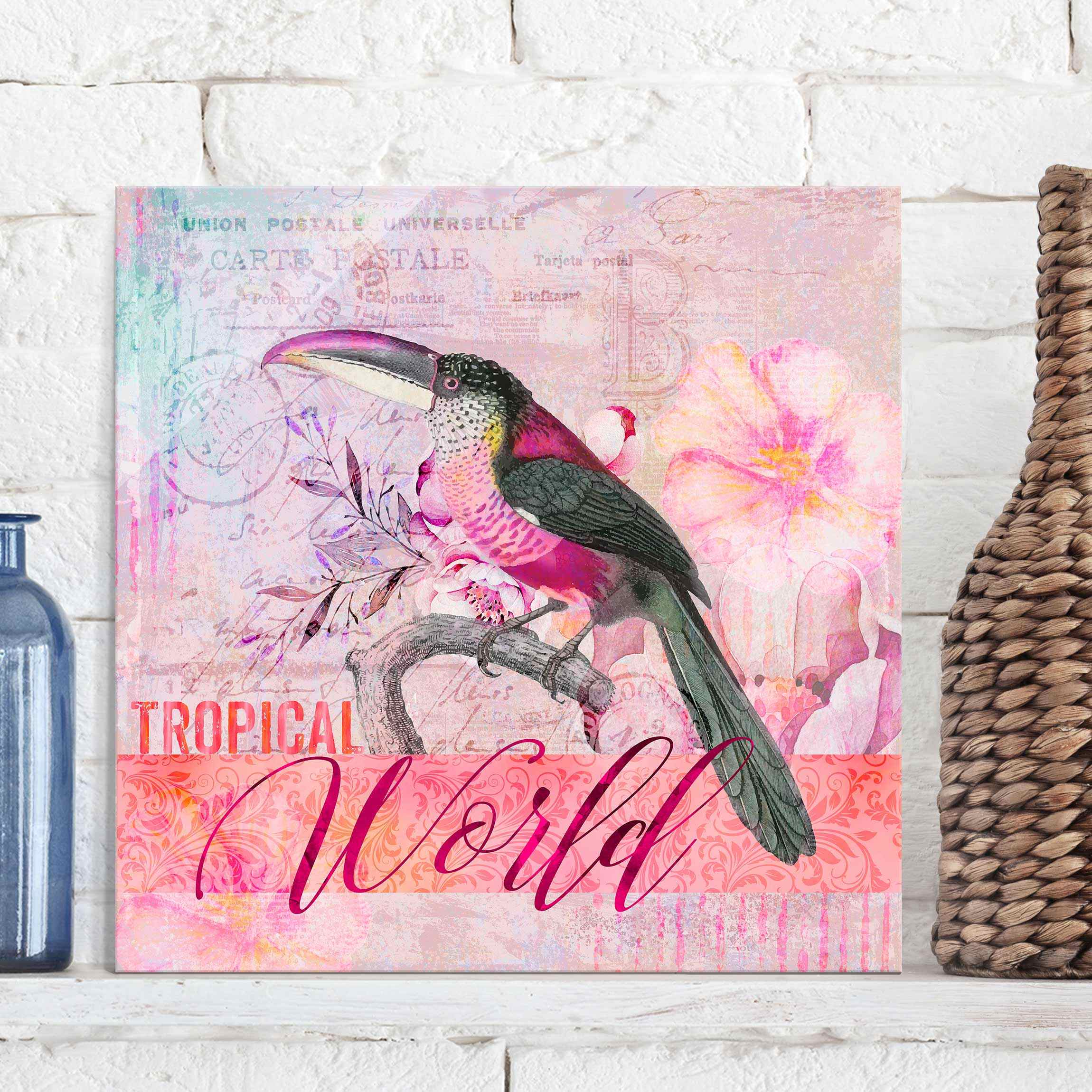 Glasbild Vintage Collage - Tropical World Tucan