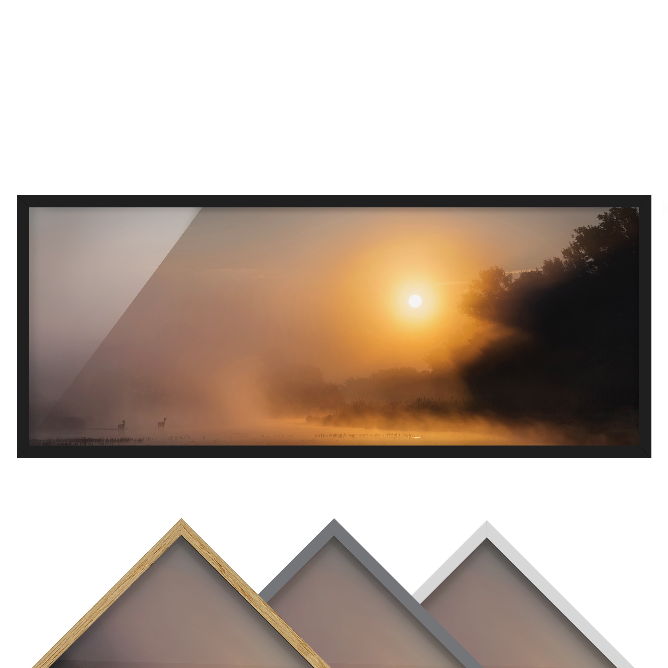 Bild mit Rahmen - Panorama Sonnenaufgang am See mit Rehen im Nebel