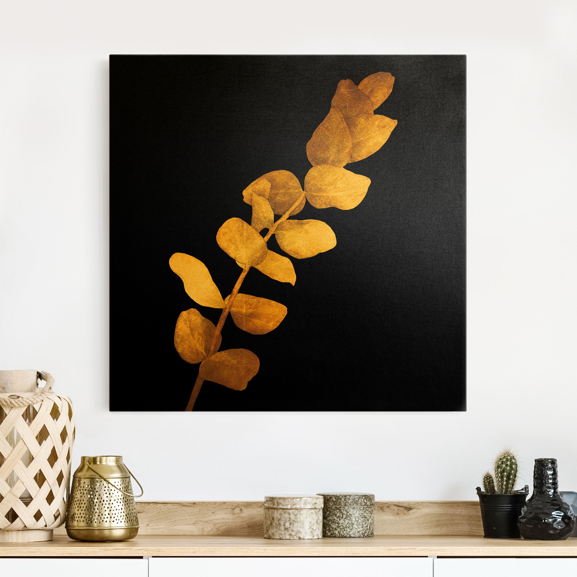 Leinwandbild Gold Gold - Eukalyptus auf Schwarz