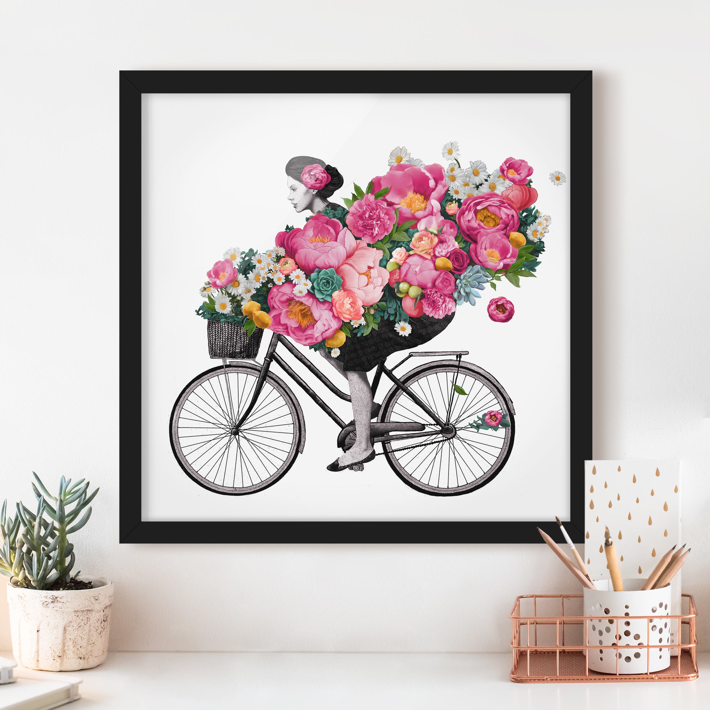 Bild mit Rahmen - Quadrat Illustration Frau auf Fahrrad Collage bunte Blumen