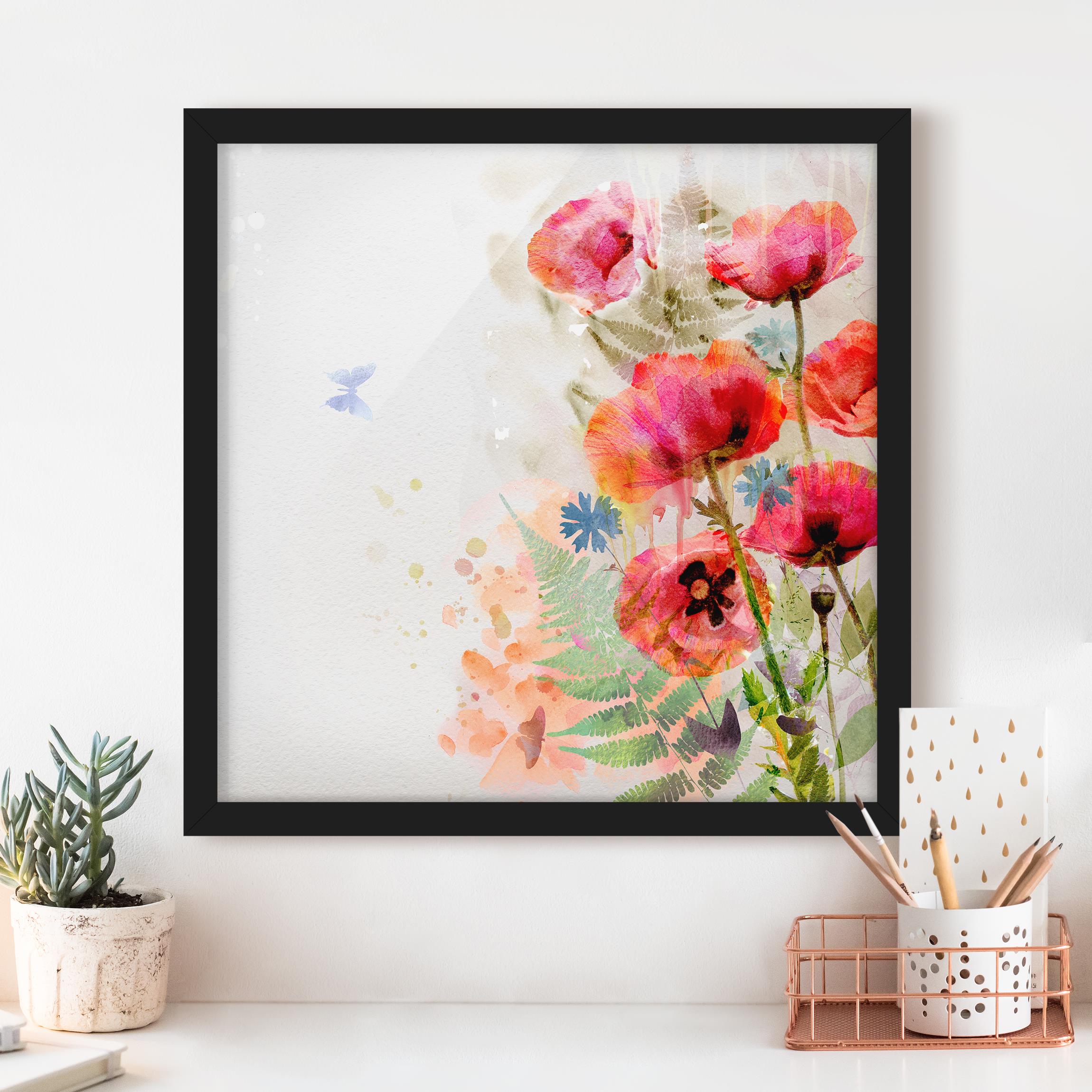 Bild mit Rahmen - Quadrat Aquarell Blumen Mohn