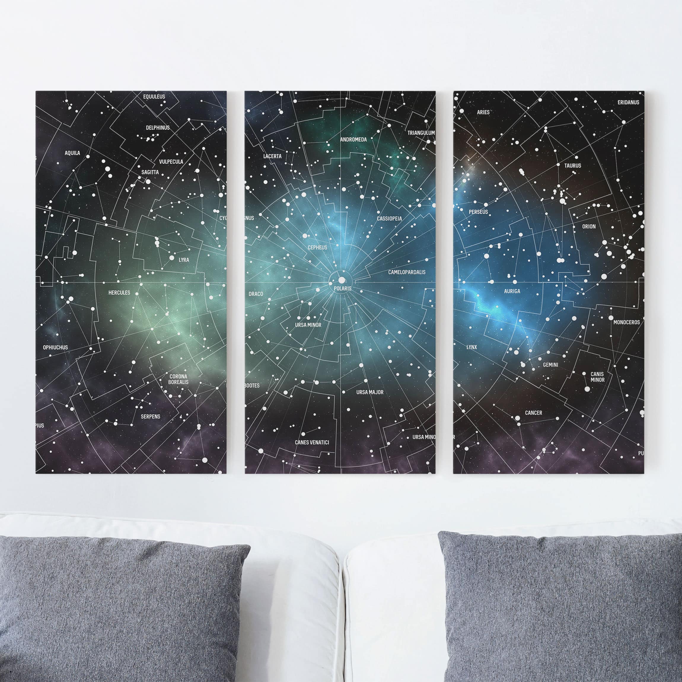3-teiliges Leinwandbild Weltkarte Sternbilder Karte Galaxienebel