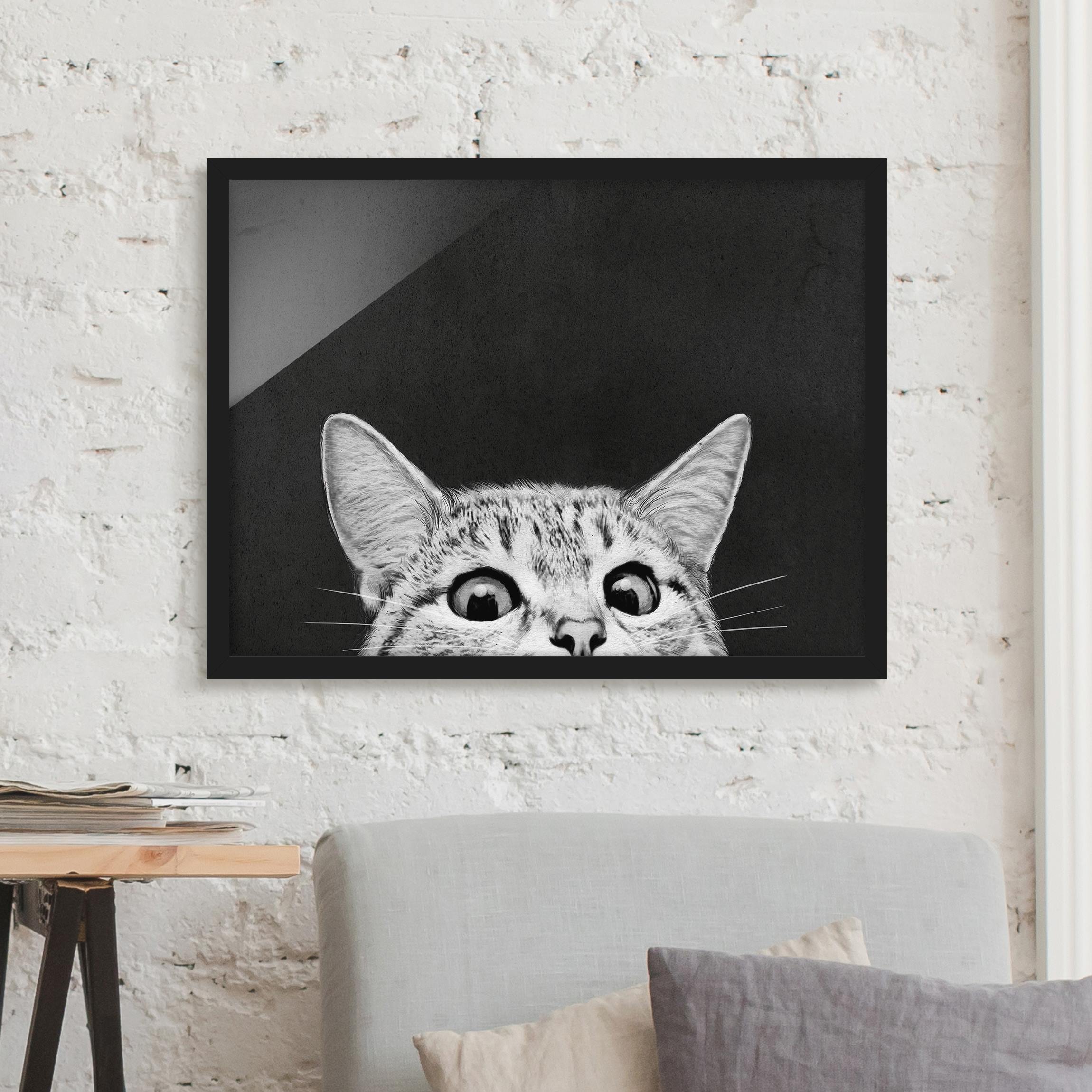 Bild mit Rahmen - Querformat Illustration Katze Schwarz Weiß Zeichnung