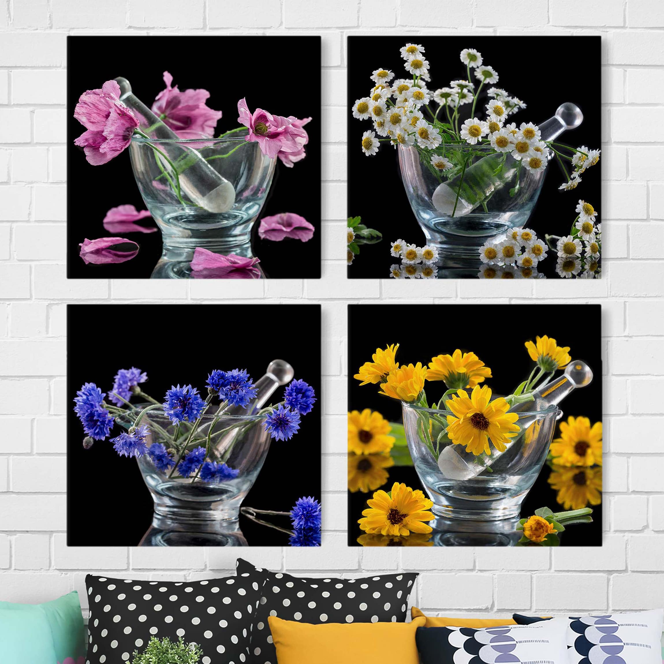 4-teiliges Leinwandbild Blumen Blumen im Mörser