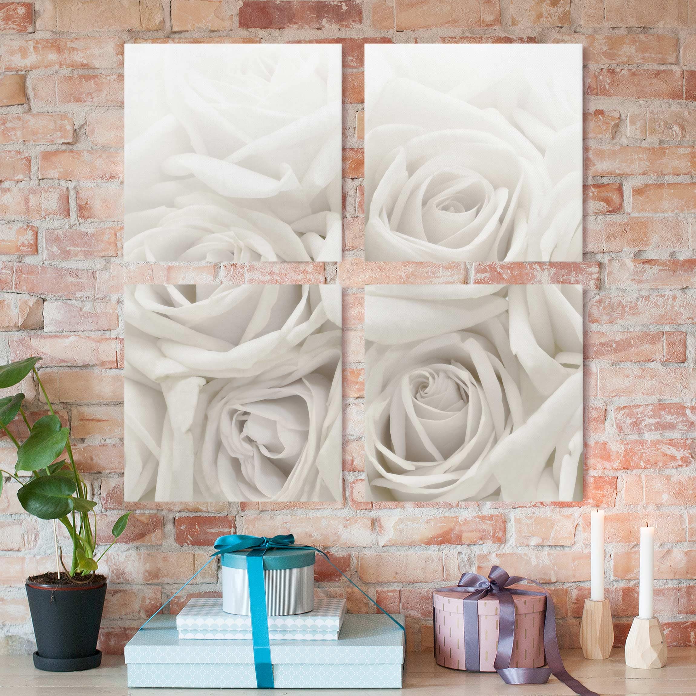4-teiliges Leinwandbild - Quadrat Weiße Rosen