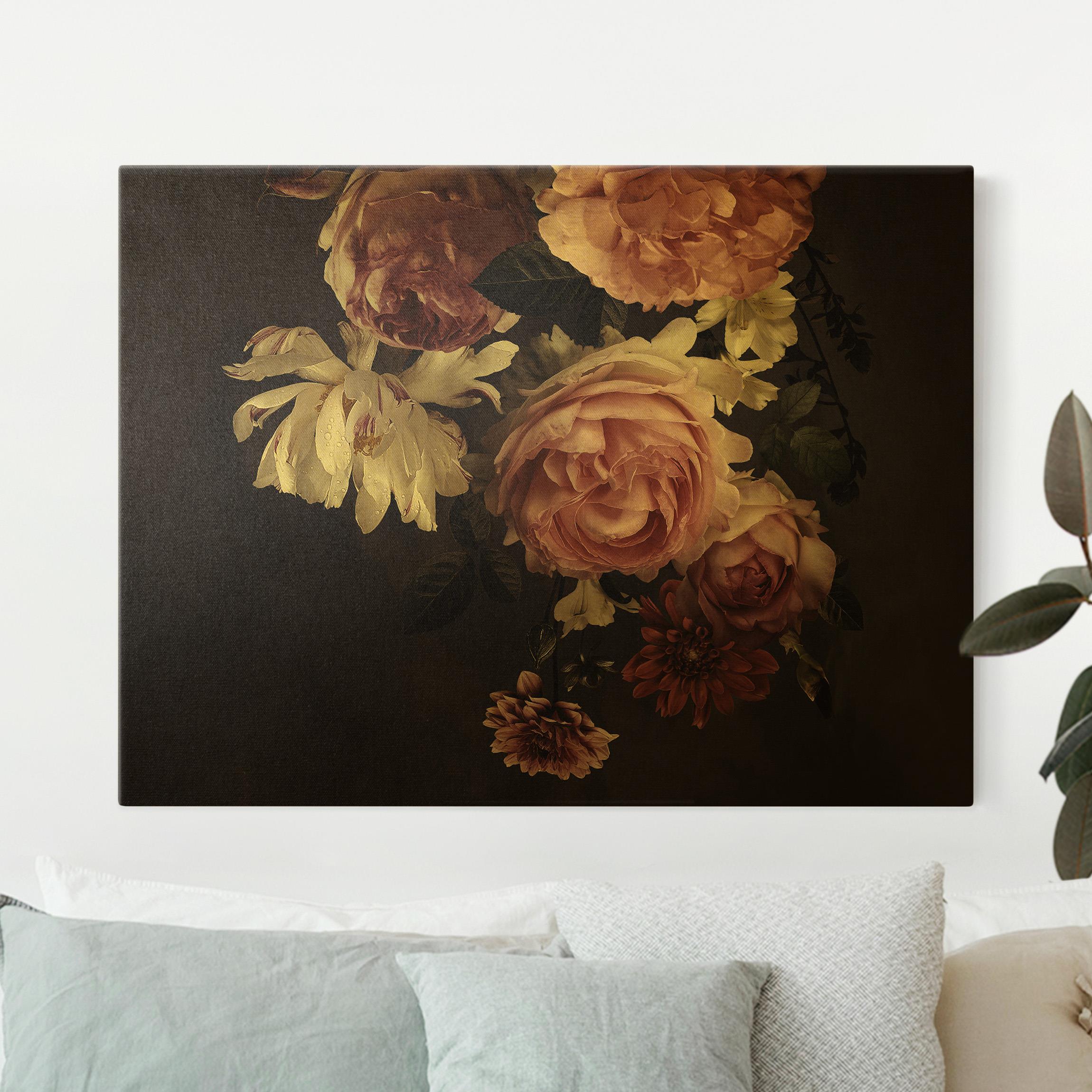 Leinwandbild Gold Rosa Blumen auf Schwarz Vintage