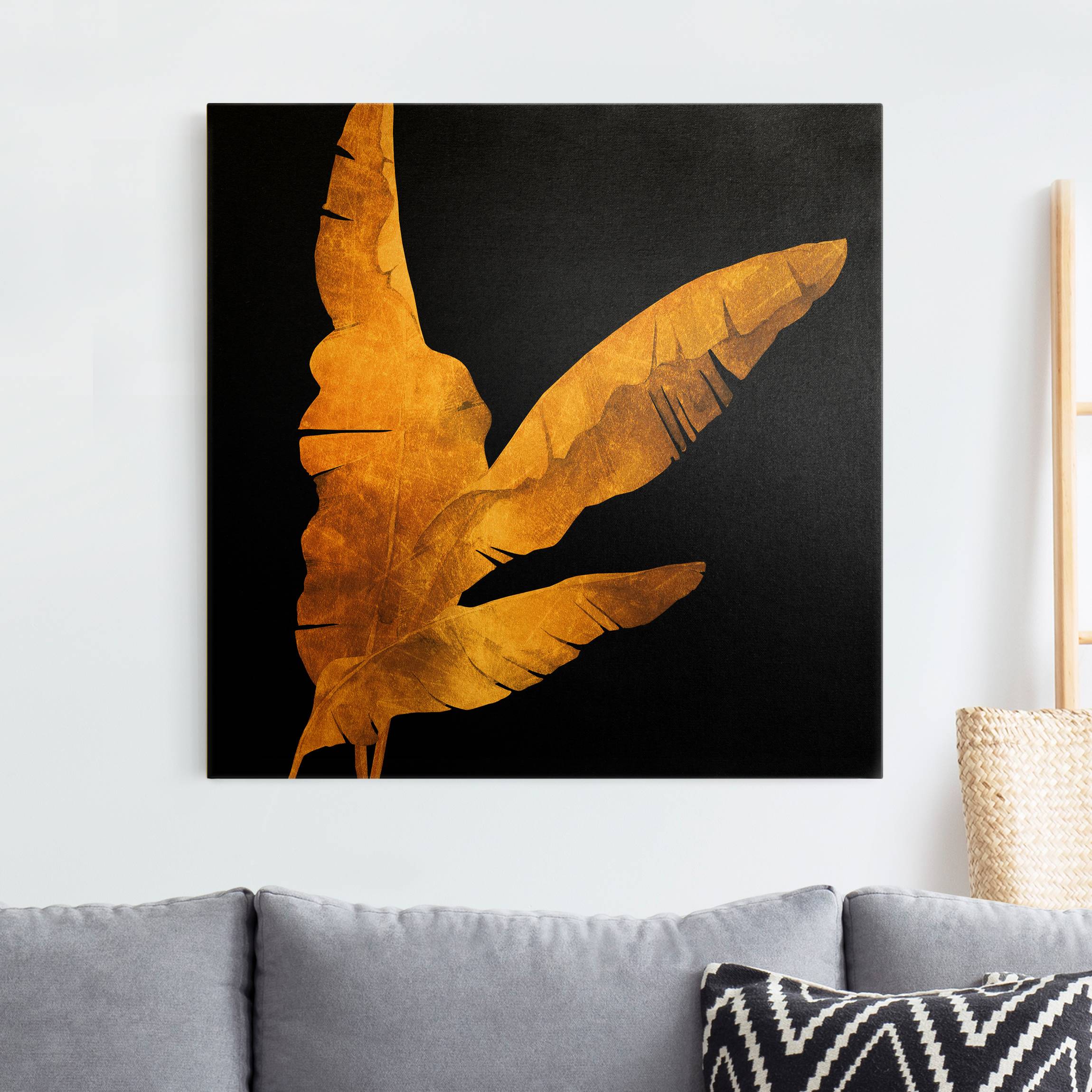 Leinwandbild Gold Gold - Bananenpalme auf Schwarz