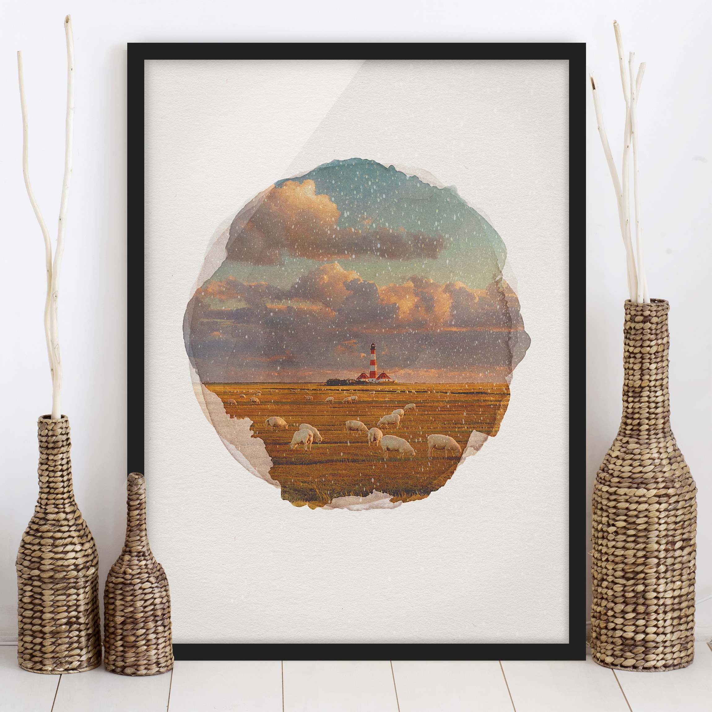Bild mit Rahmen - Hochformat Wasserfarben - Nordsee Leuchtturm mit Schafsherde