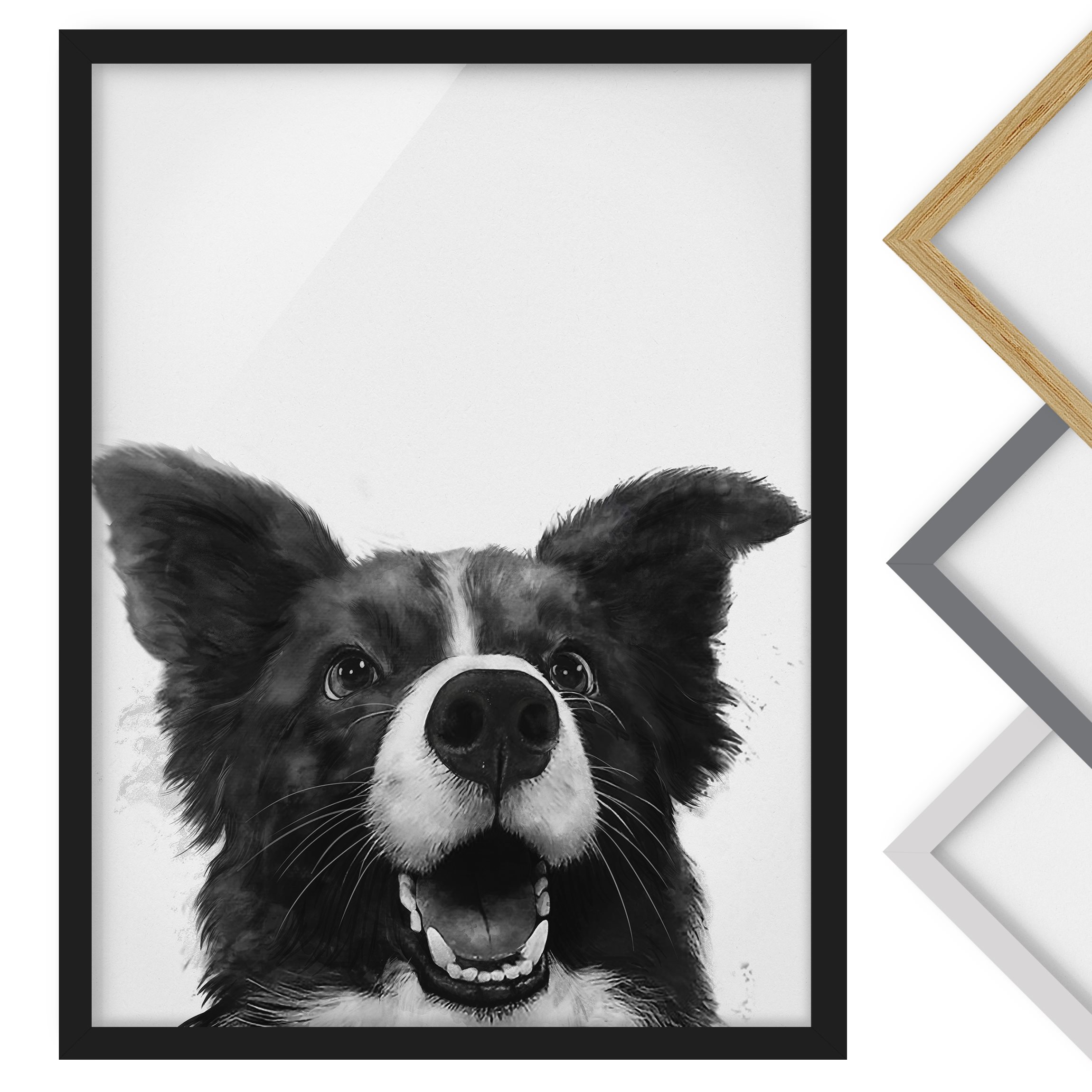 Bild mit Rahmen - Hochformat Illustration Hund Border Collie Schwarz Weiß Malerei