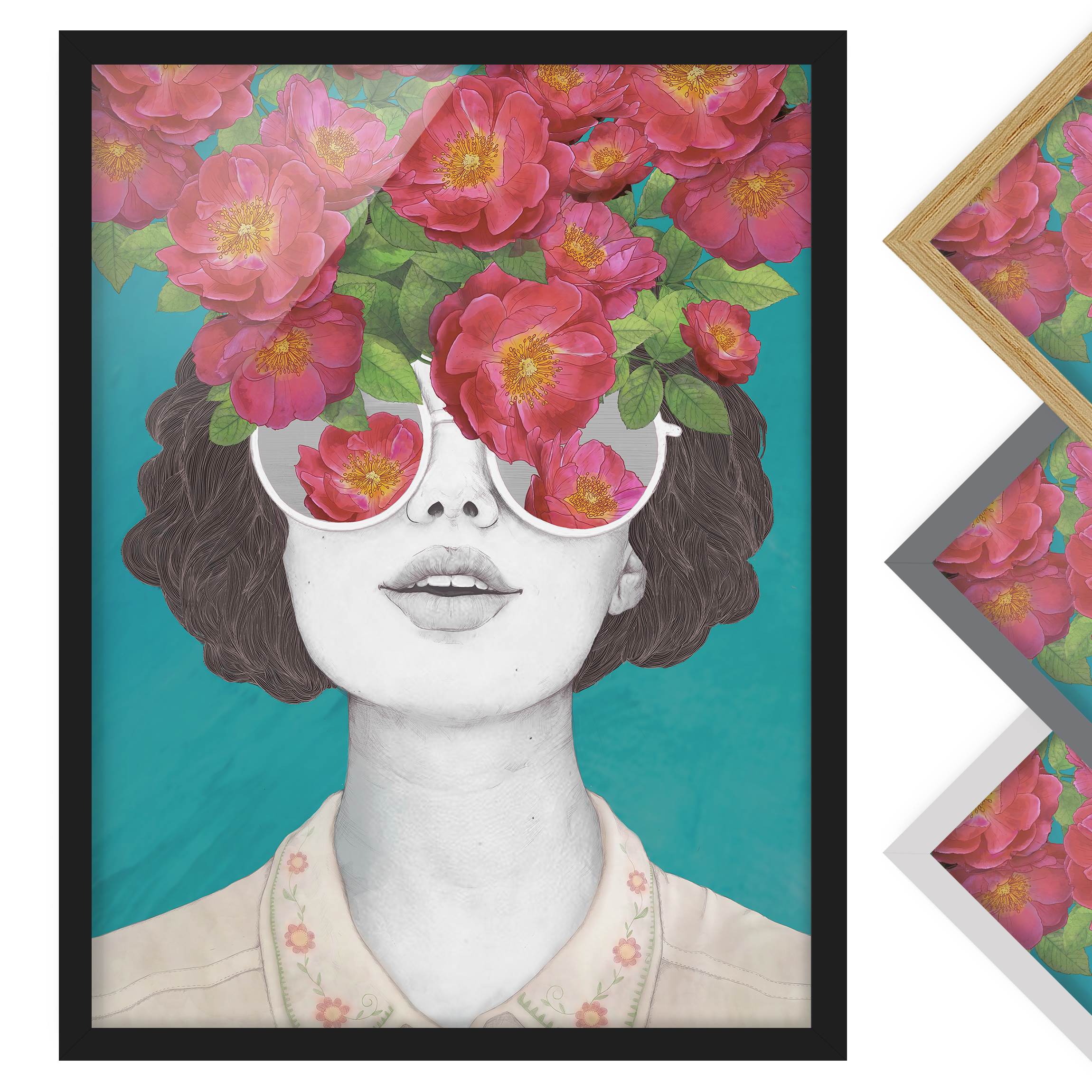 Bild mit Rahmen - Hochformat Illustration Portrait Frau Collage mit Blumen Brille