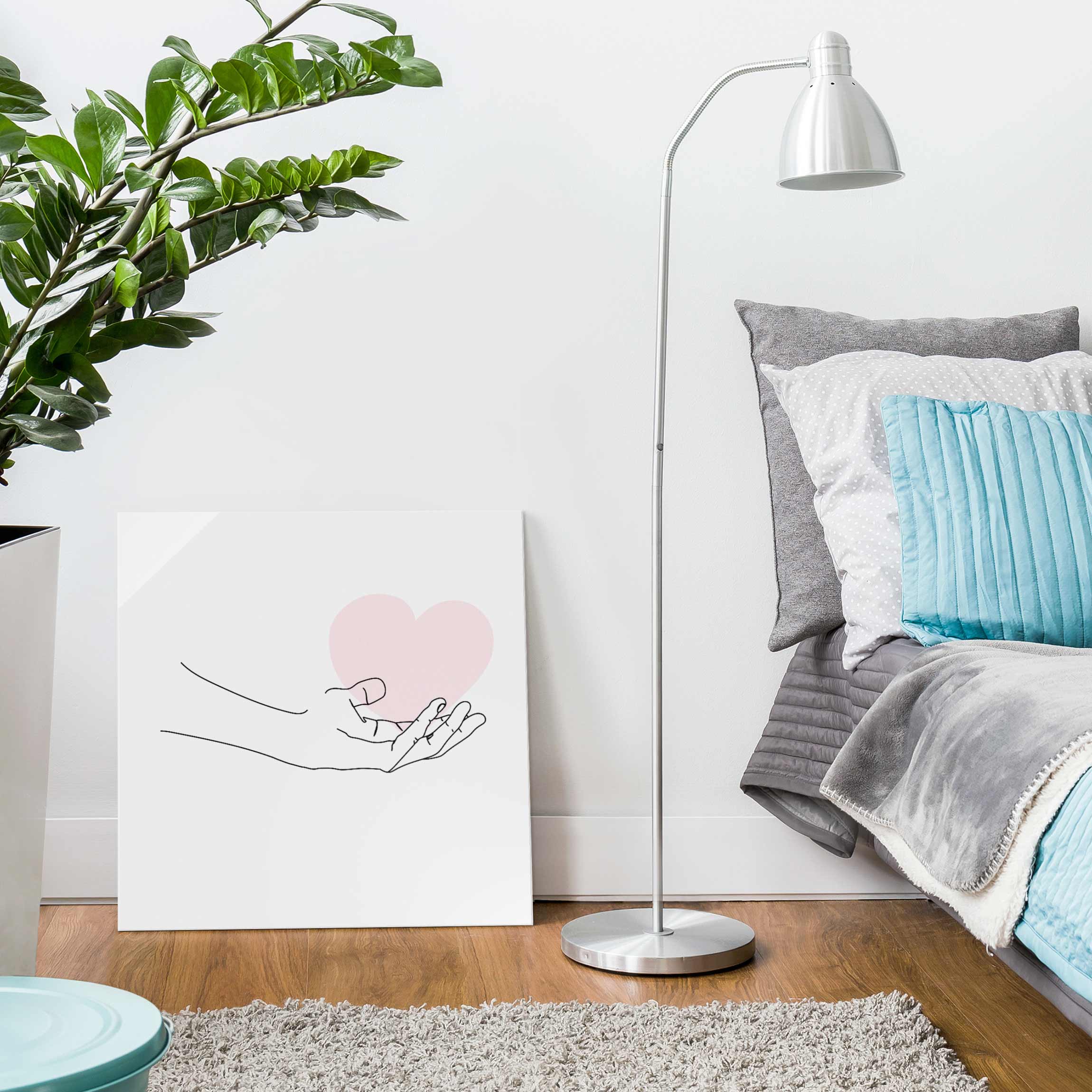 Glasbild - Quadrat Hand mit Herz Line Art