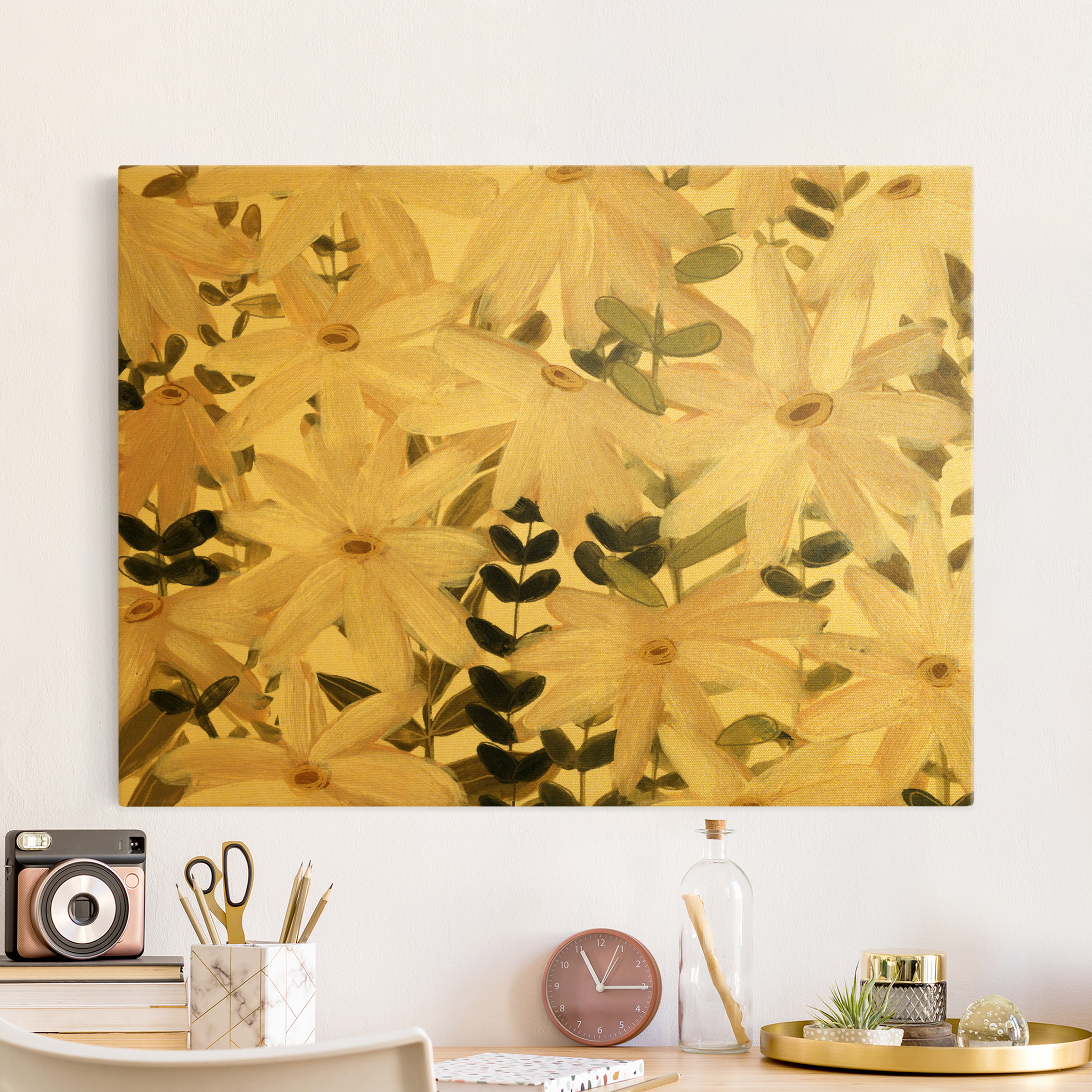 Leinwandbild Gold Gänseblümchenfeld Weiß Gold