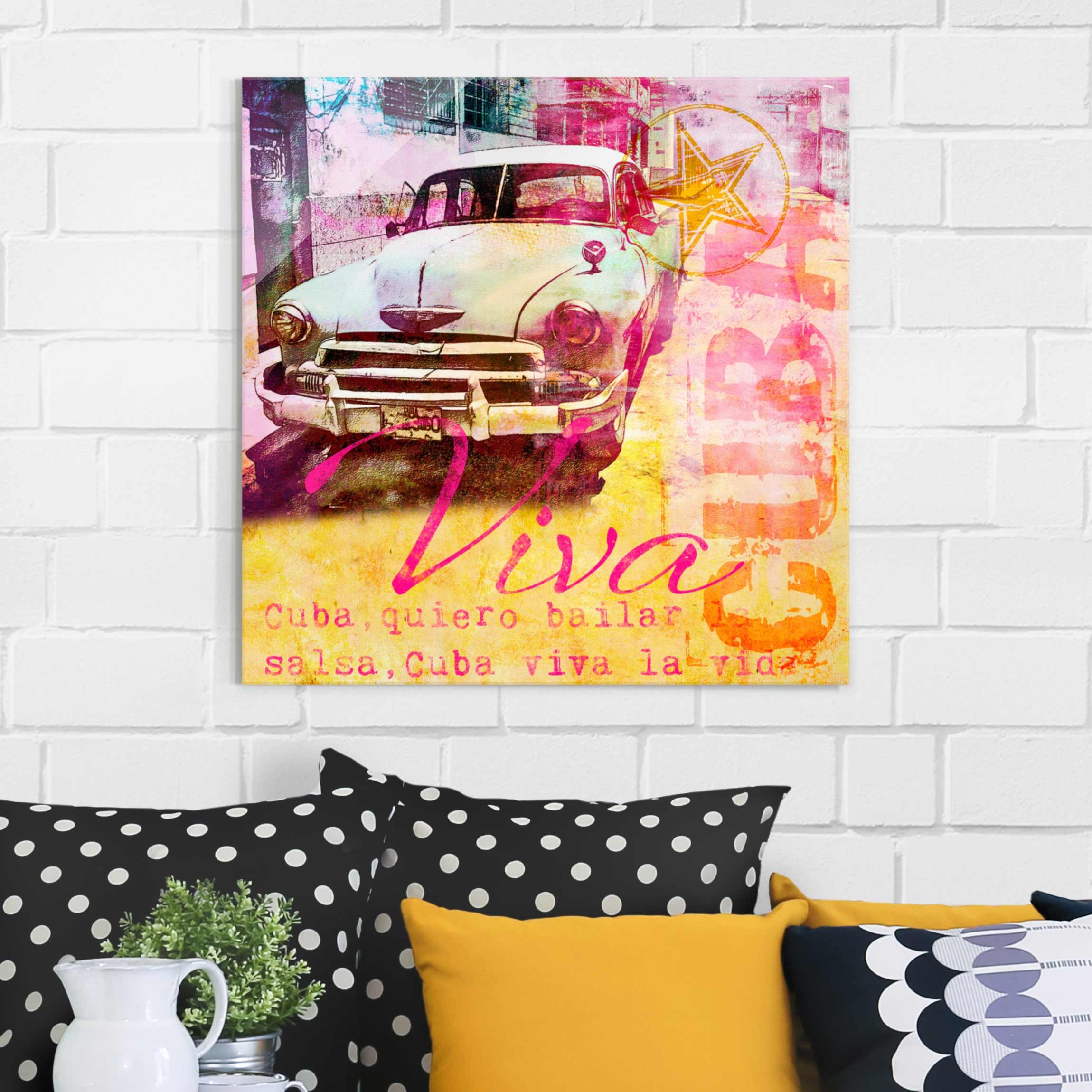 Glasbild Kubanischer Oldtimer Collage