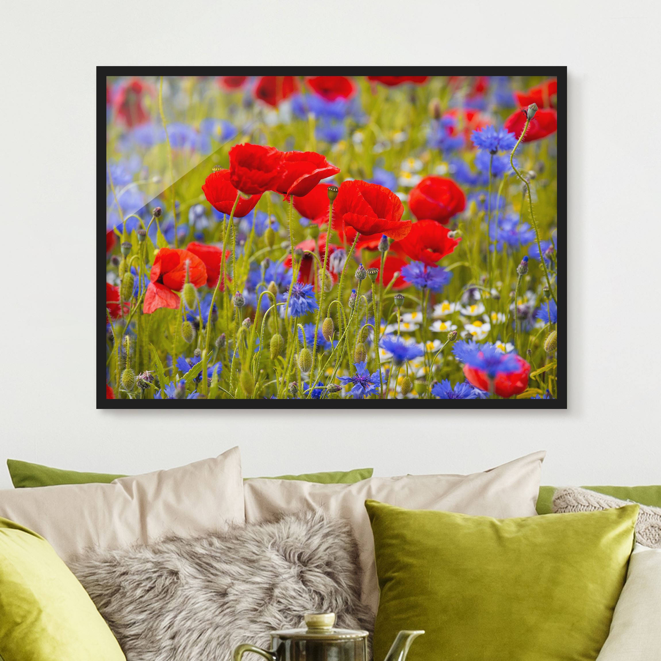Bild mit Rahmen - Querformat Sommerwiese mit Mohn und Kornblumen