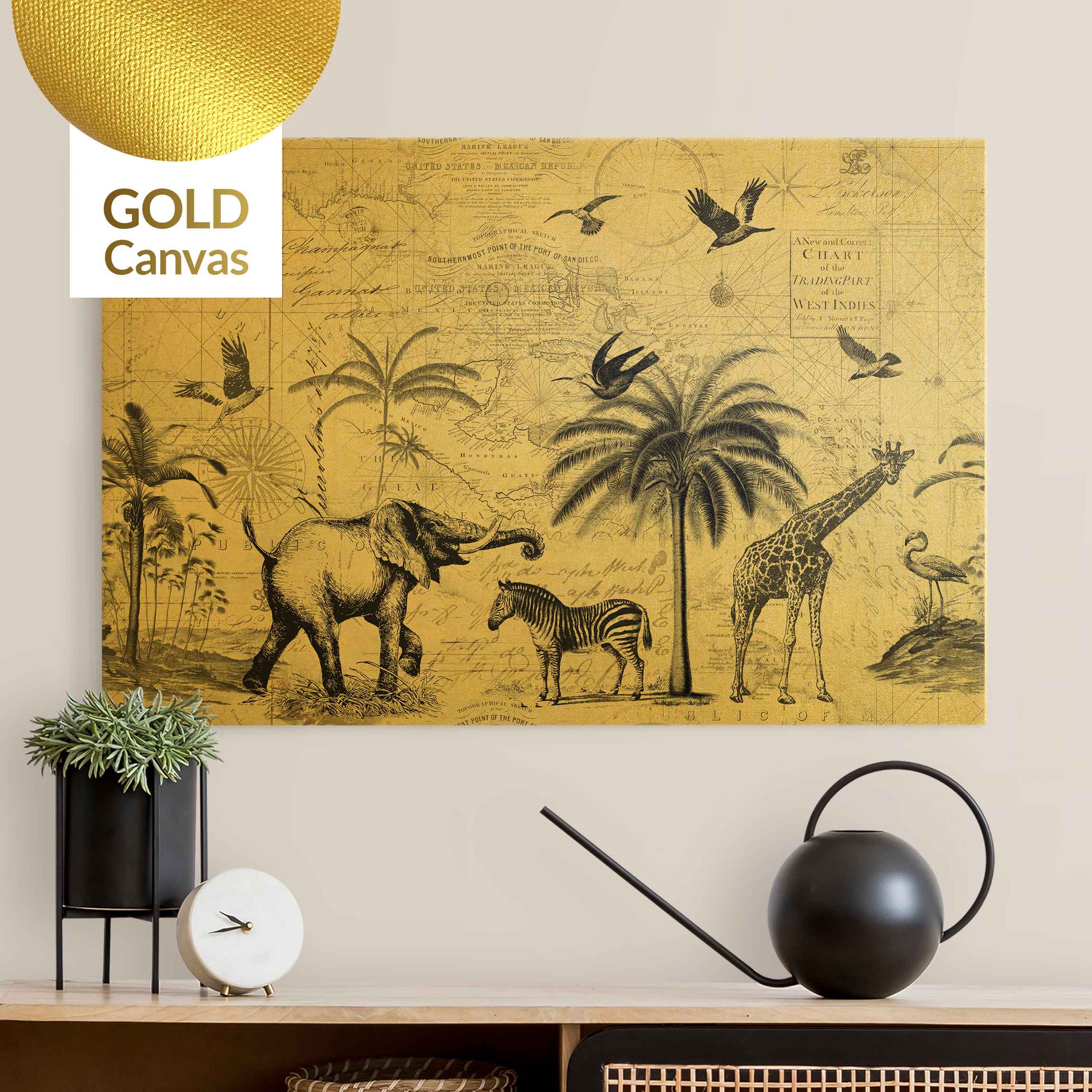 Leinwandbild Gold Vintage Collage - Exotische Landkarte