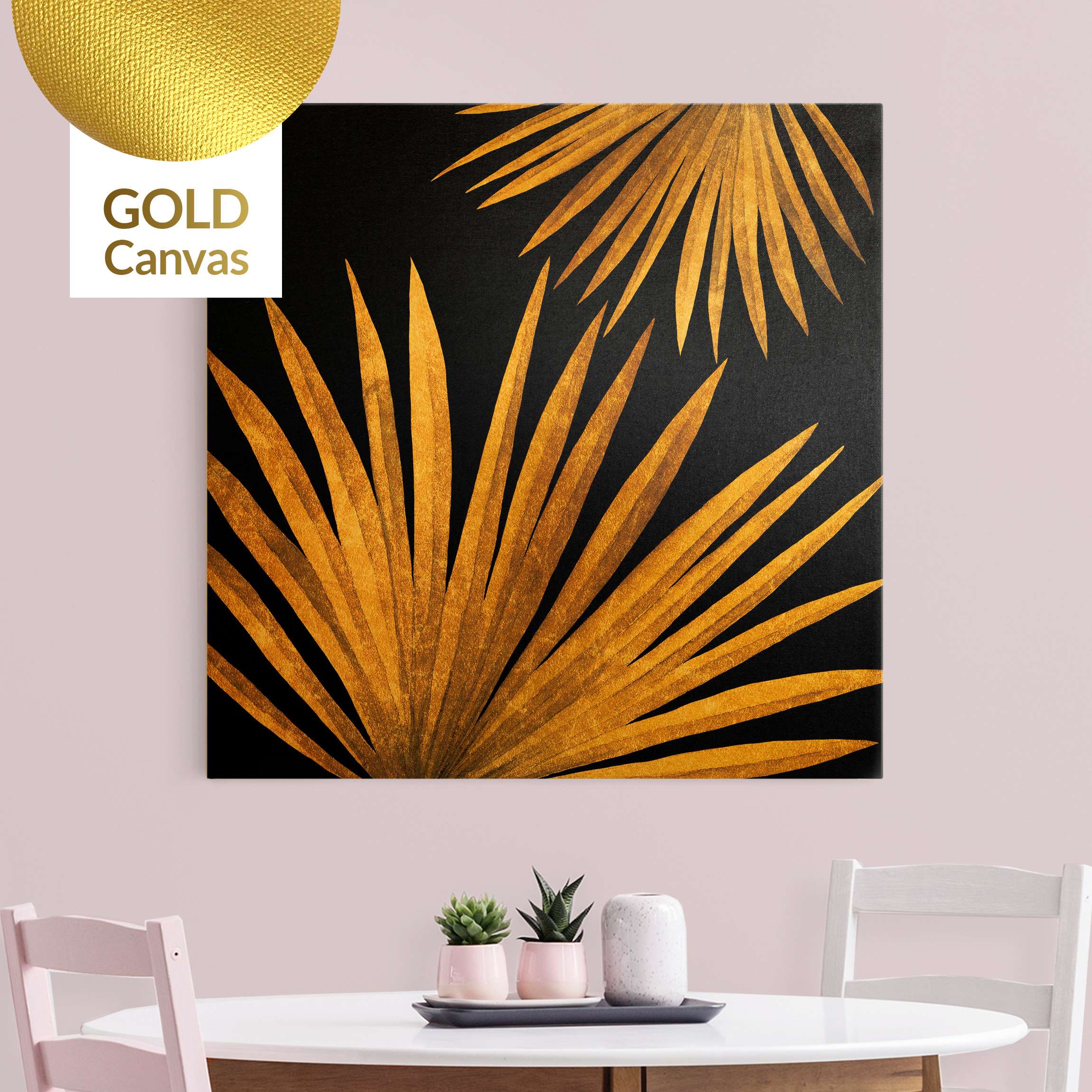 Leinwandbild Gold Gold - Palmenblatt auf Schwarz