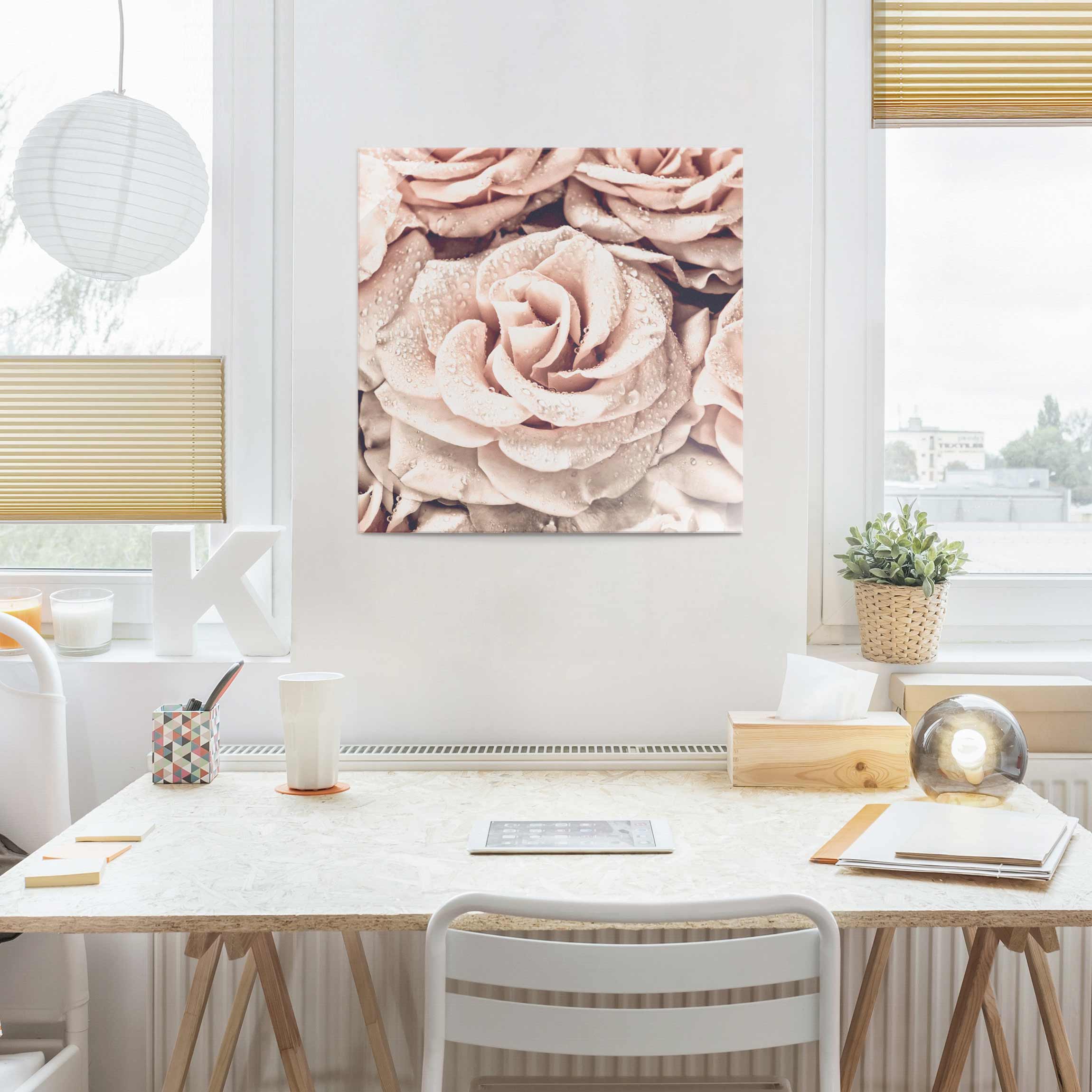 Glasbild - Quadrat Rosen Sepia mit Wassertropfen