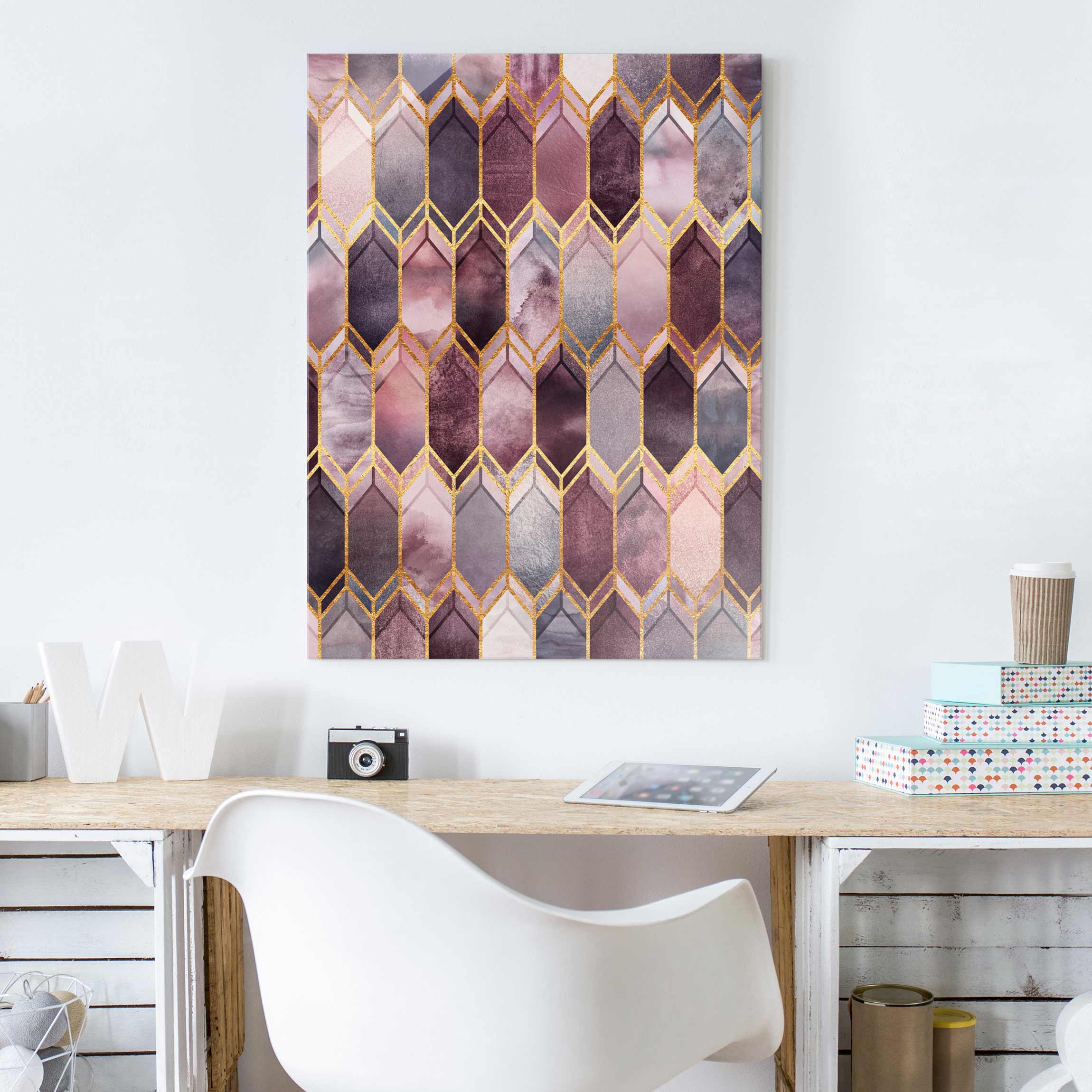 Glasbild - Hochformat Glasmalerei geometrisch Rosé Gold