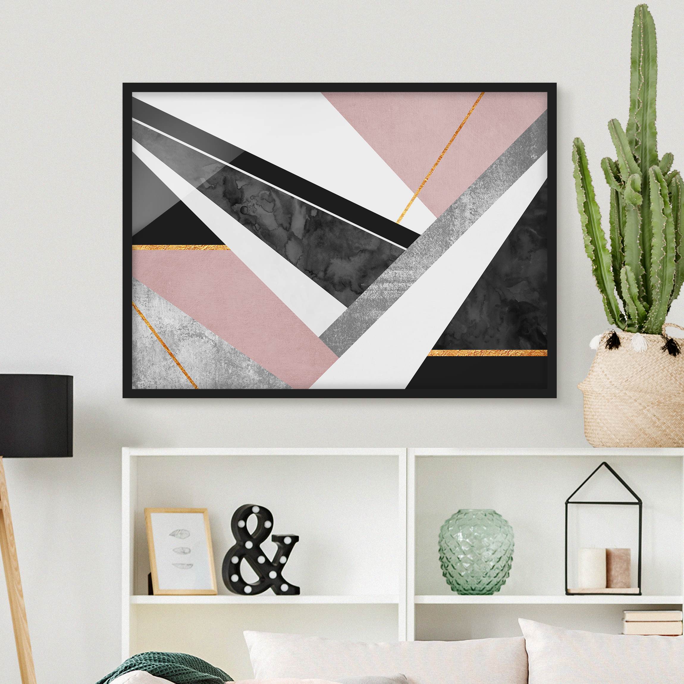 Bild mit Rahmen - Querformat Schwarz Weiß Geometrie mit Gold