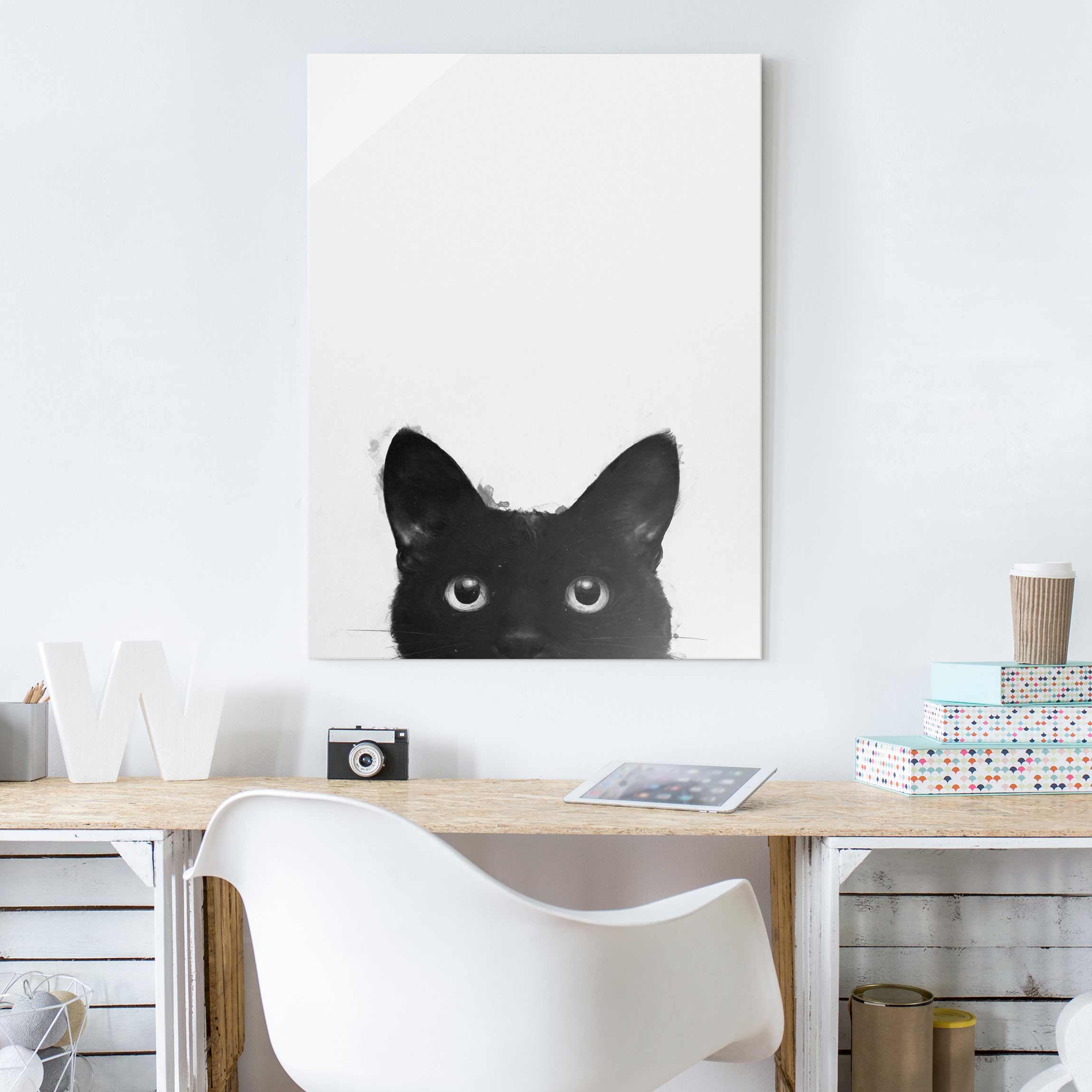 Glasbild - Hochformat Illustration Schwarze Katze auf Weiß Malerei