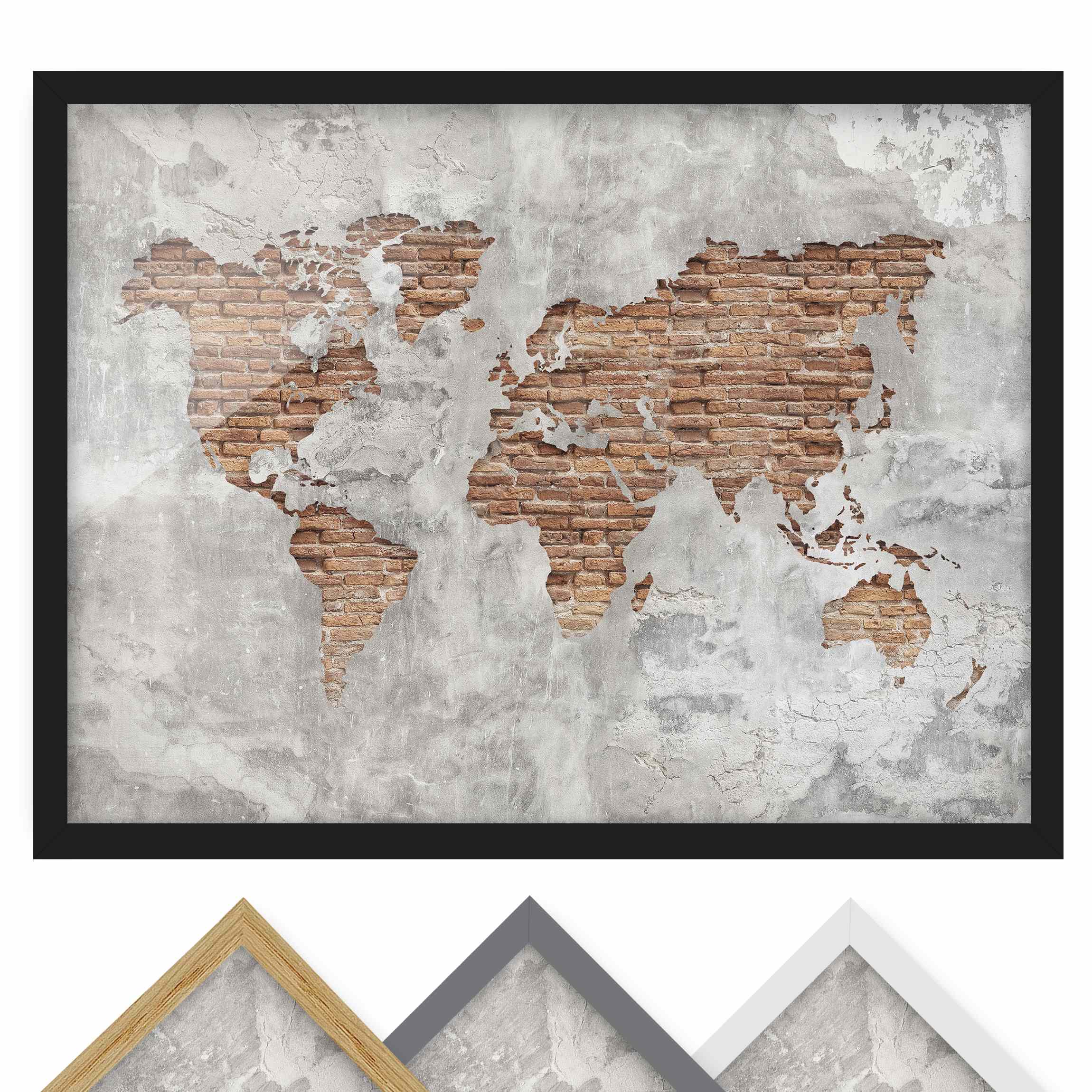Bild mit Rahmen - Querformat Shabby Beton Backstein Weltkarte