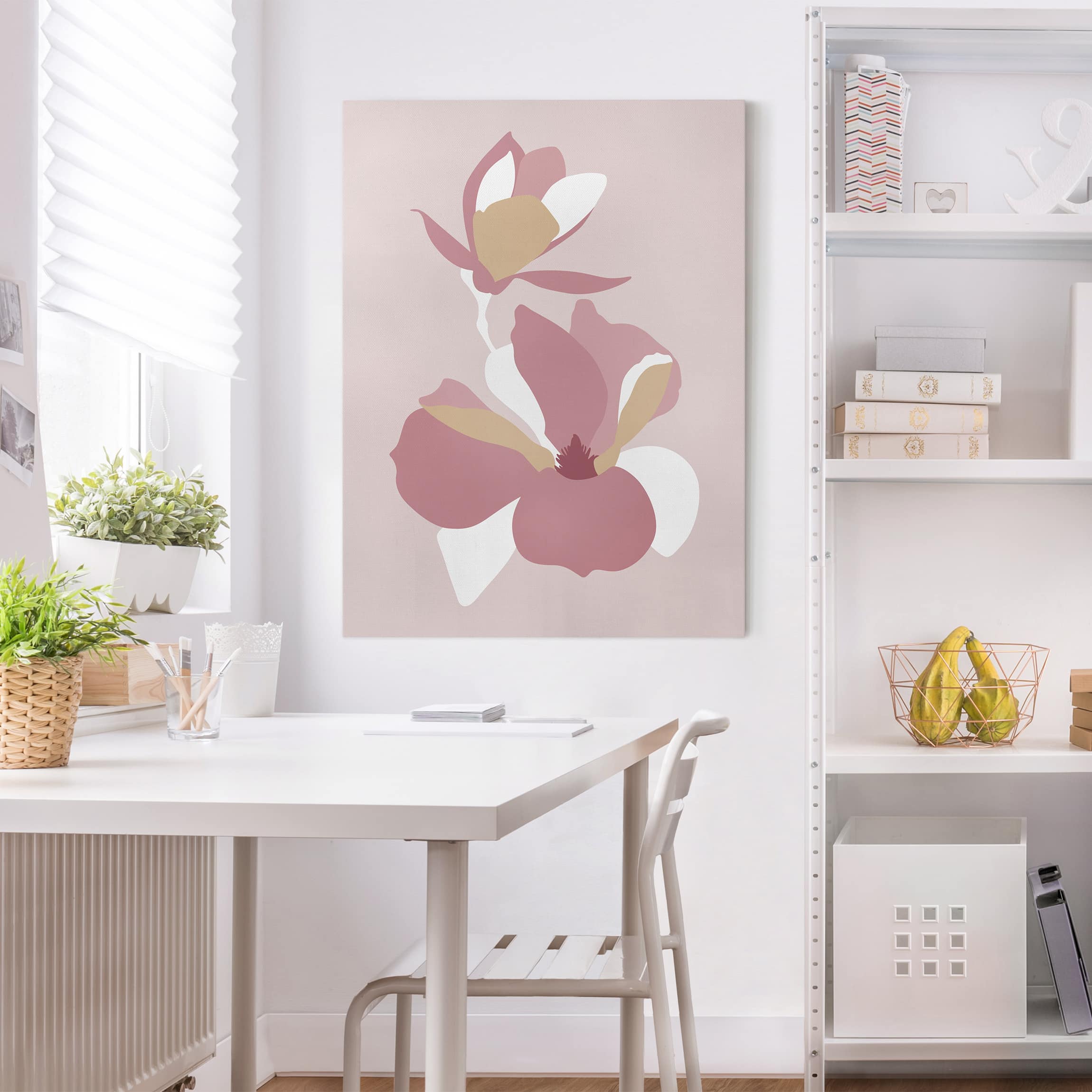 Leinwandbild - Hochformat Line Art Blüten Pastell Rosa