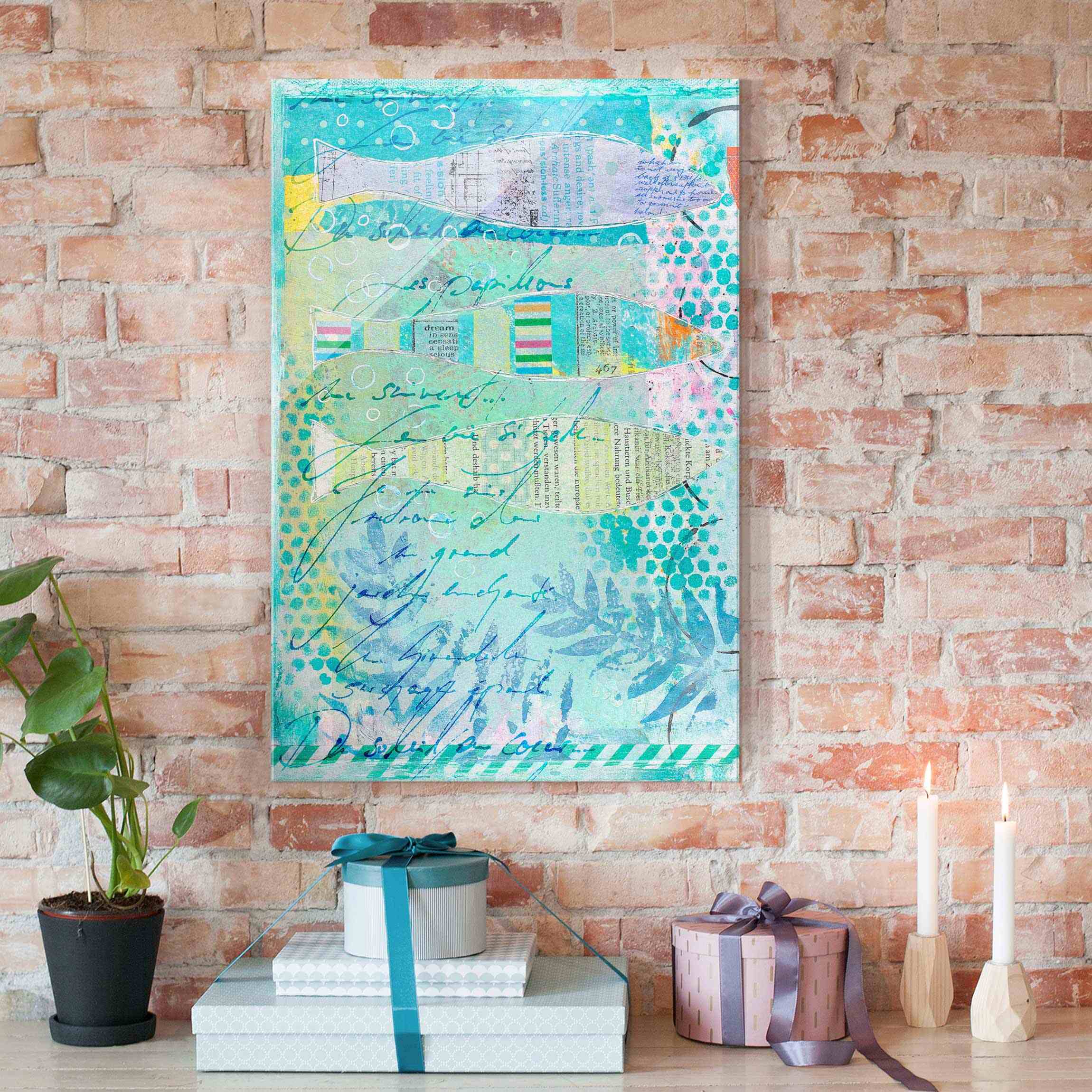 Glasbild - Hochformat Bunte Collage - Fische und Punkte