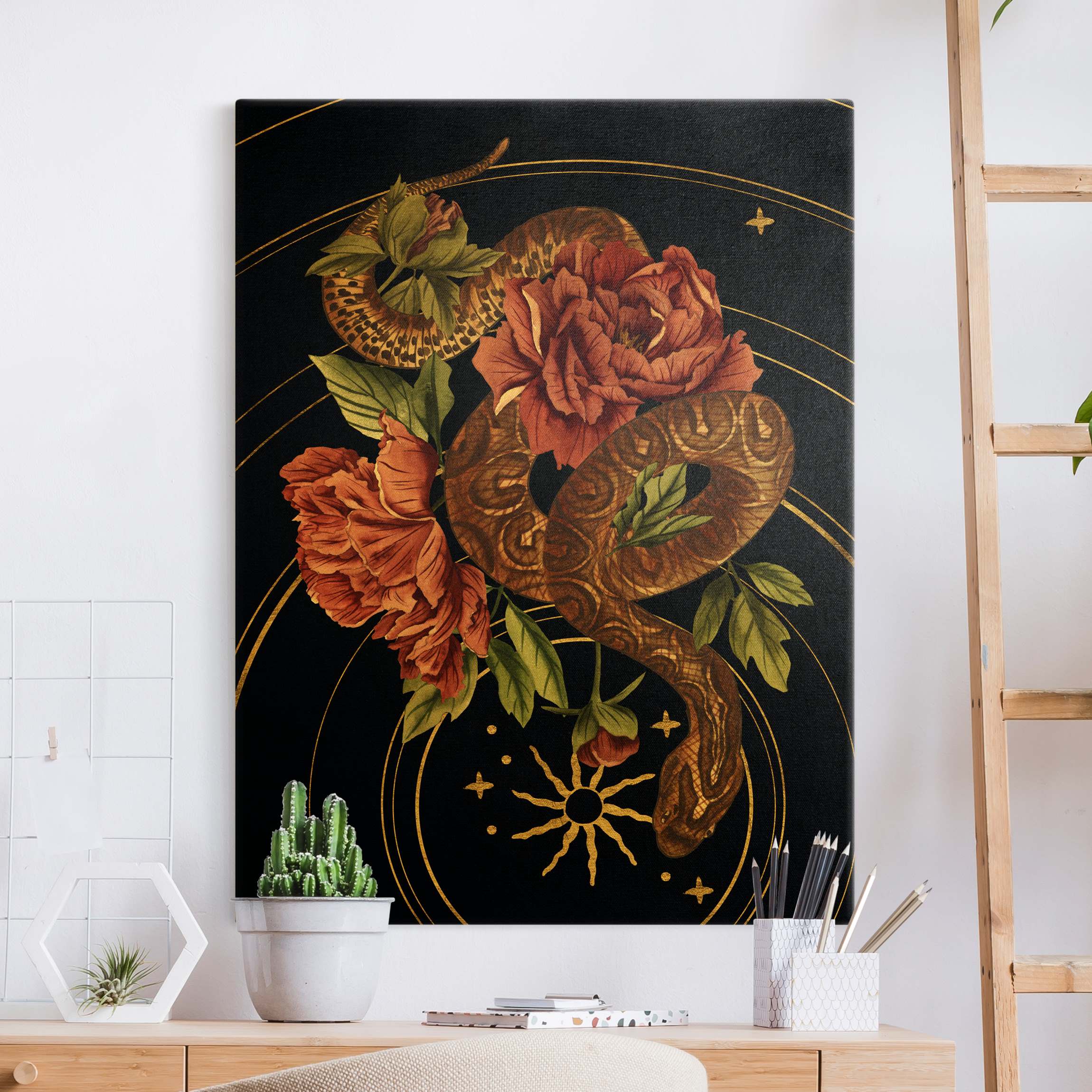 Leinwandbild Gold Schlange mit Rosen Schwarz und Gold III