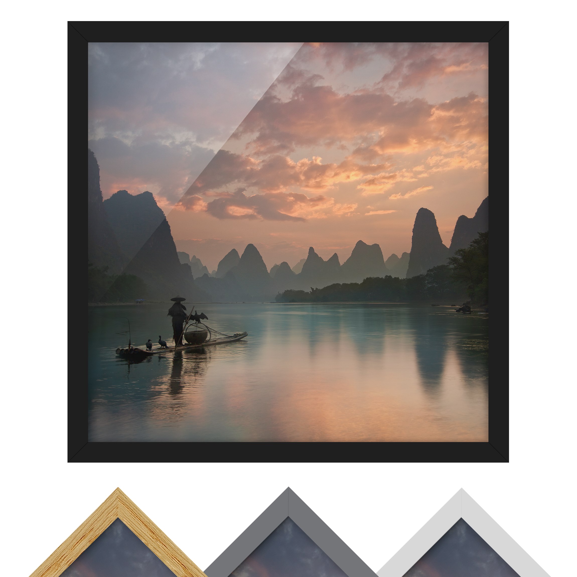 Bild mit Rahmen - Quadrat Sonnenaufgang über chinesischem Fluss
