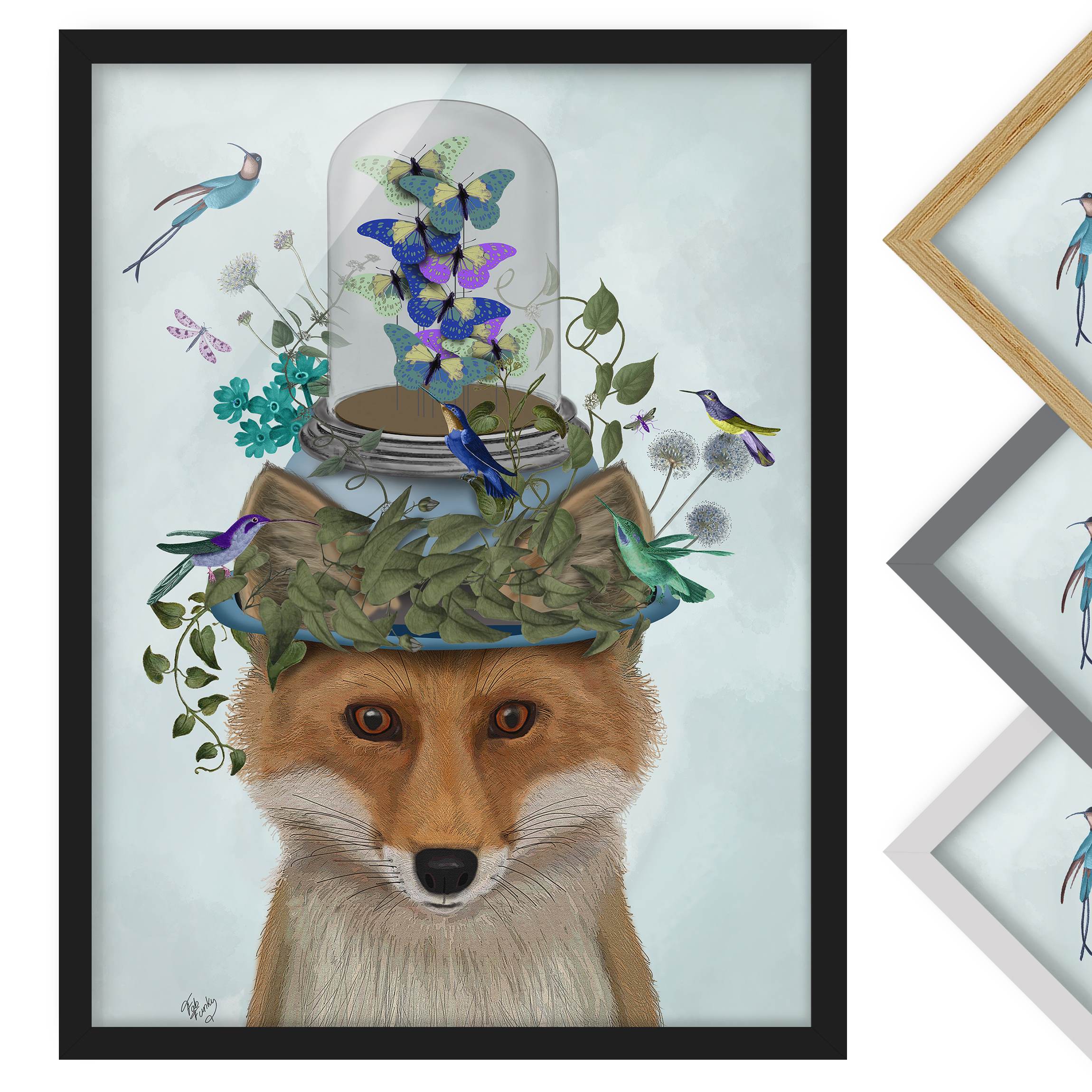 Bild mit Rahmen - Hochformat Fuchs mit Schmetterlingshut