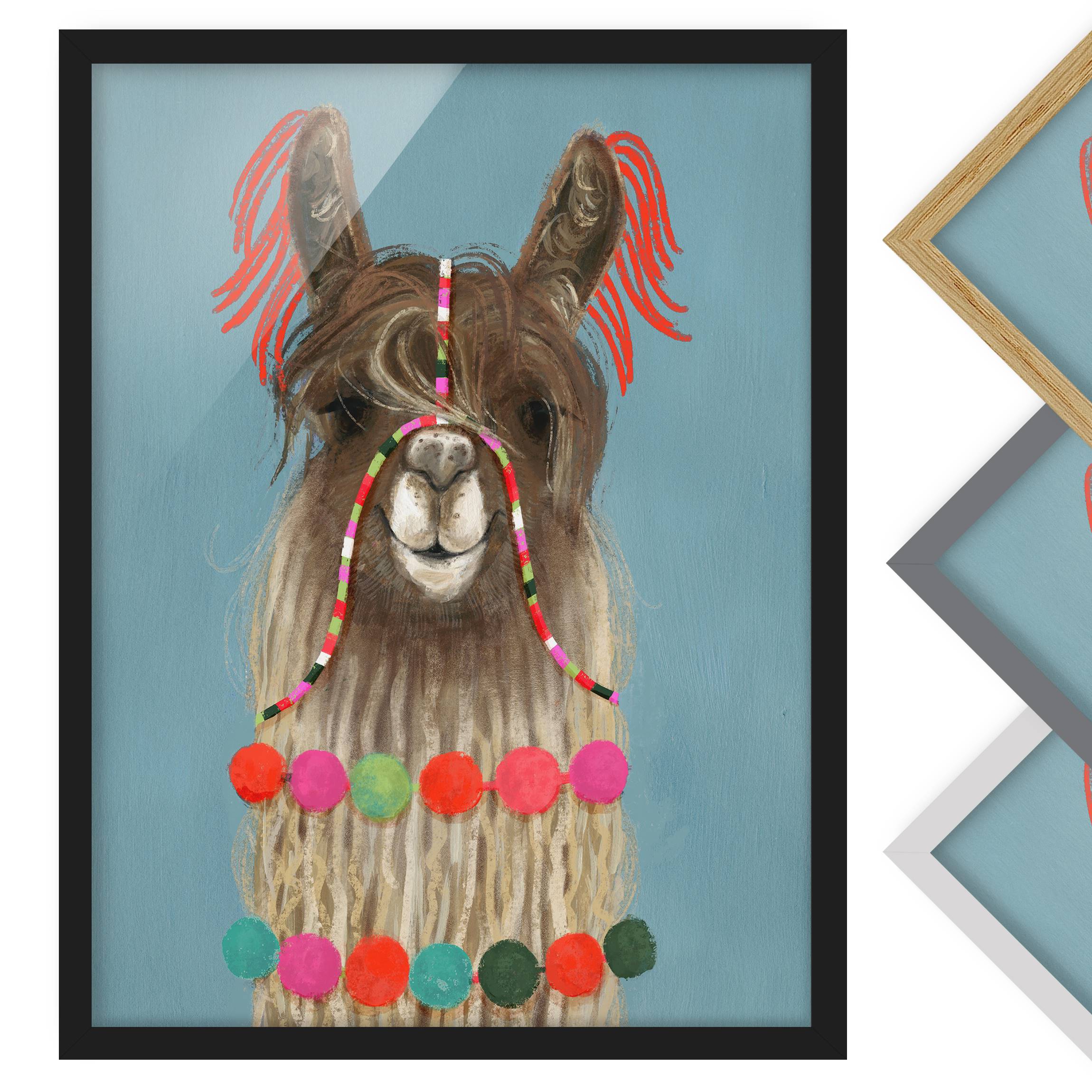 Bild mit Rahmen - Hochformat Lama mit Schmuck I
