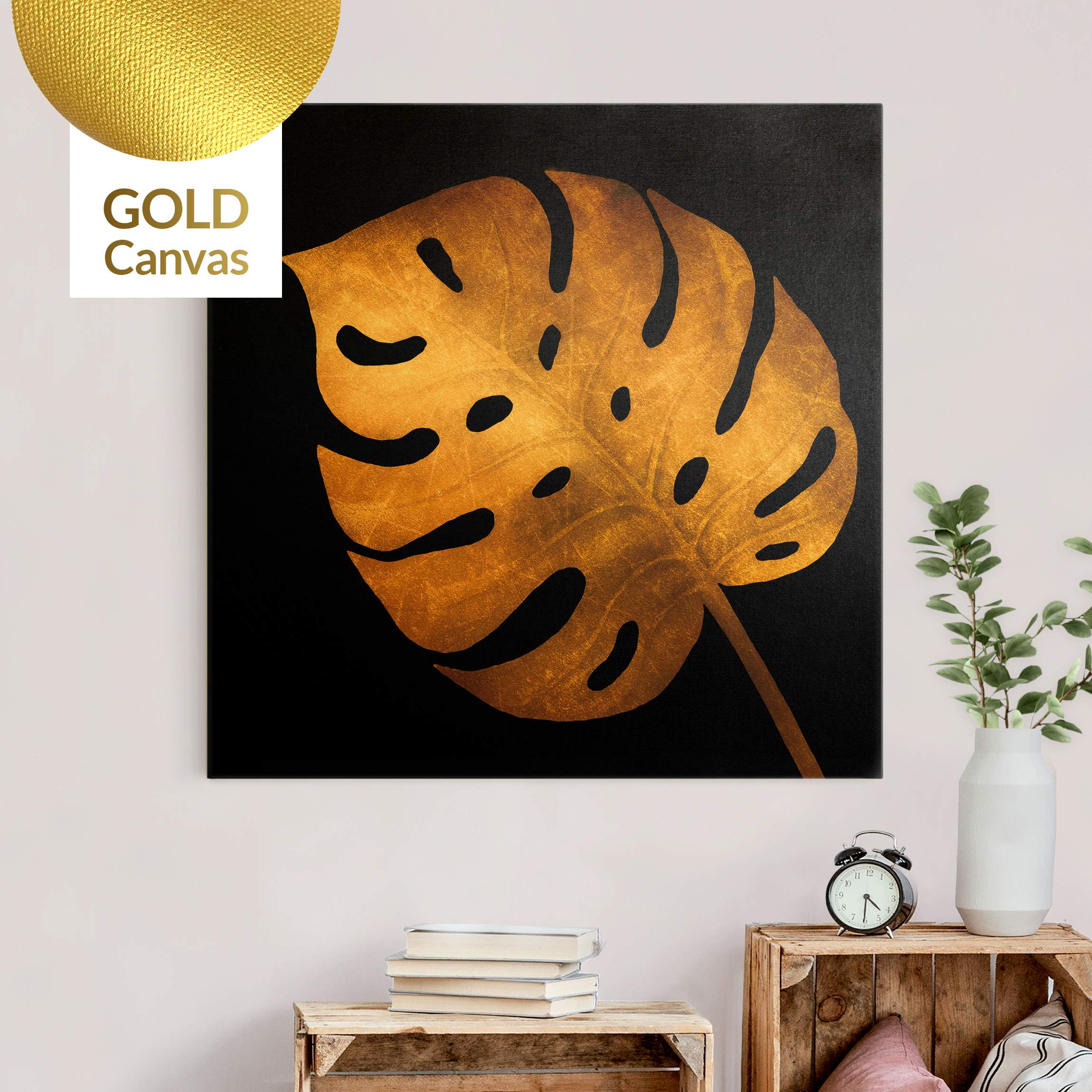 Leinwandbild Gold Gold - Monstera auf Schwarz