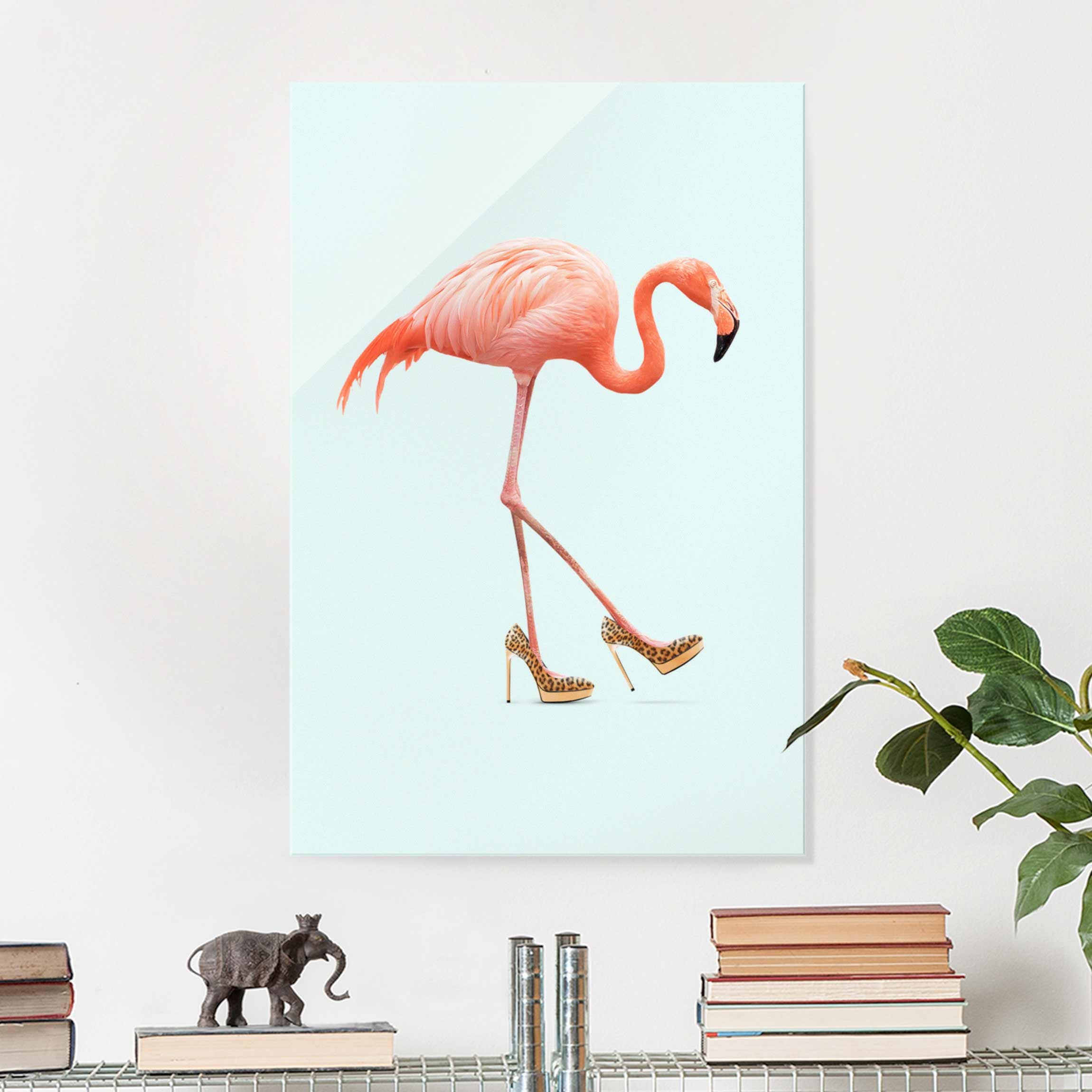 Glasbild Flamingo mit High Heels