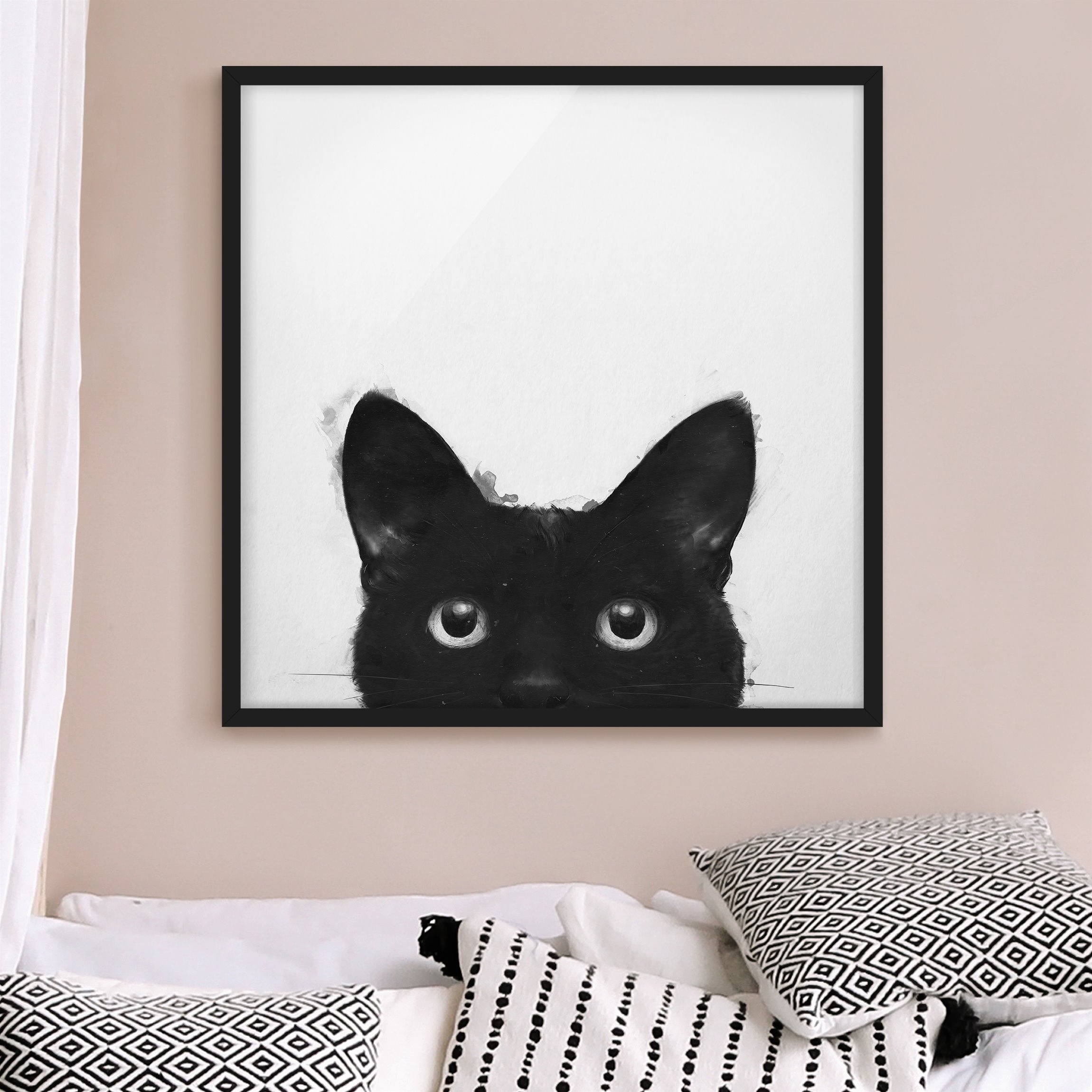 Bild mit Rahmen Illustration Schwarze Katze auf Weiß Malerei