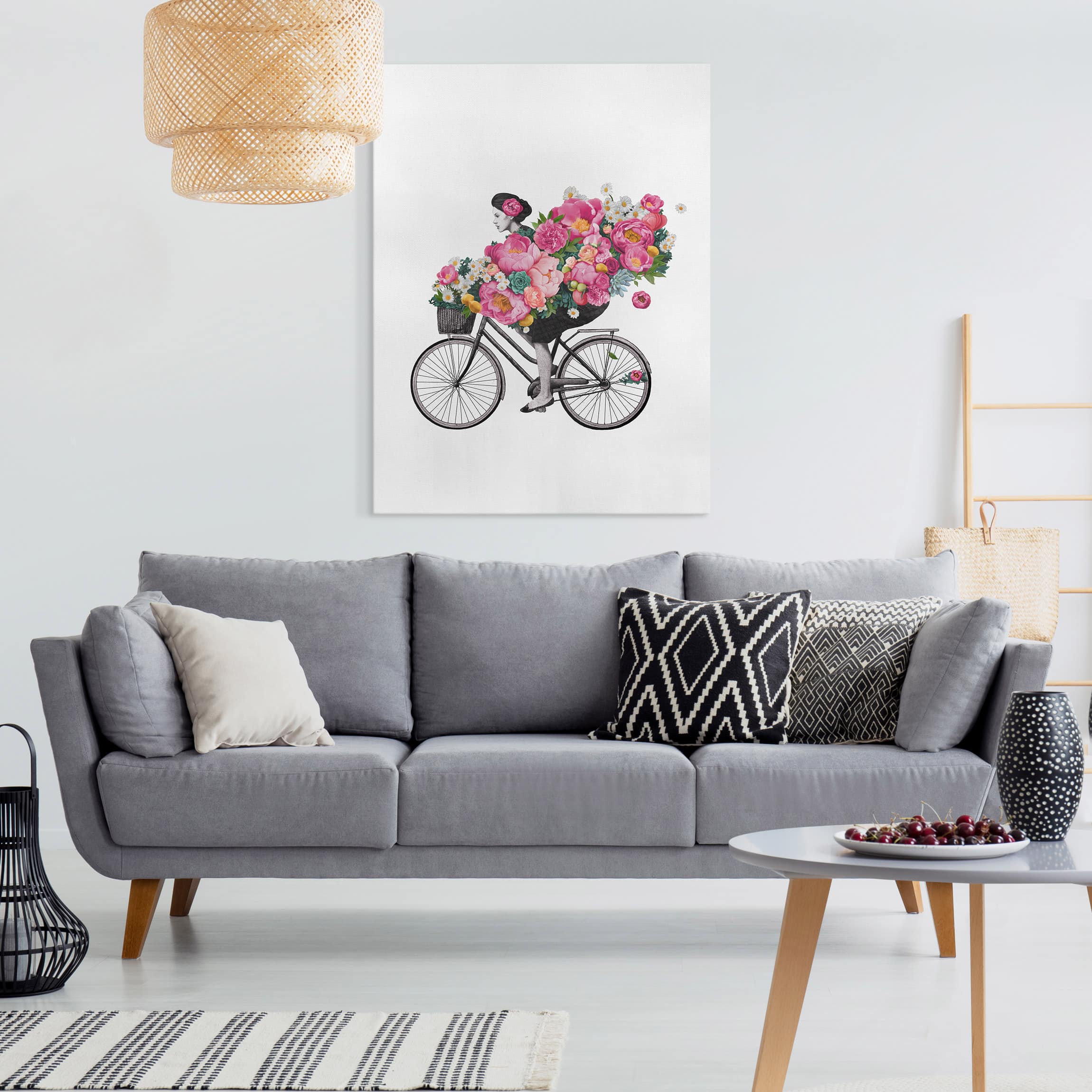 Leinwandbild Illustration Frau auf Fahrrad Collage bunte Blumen