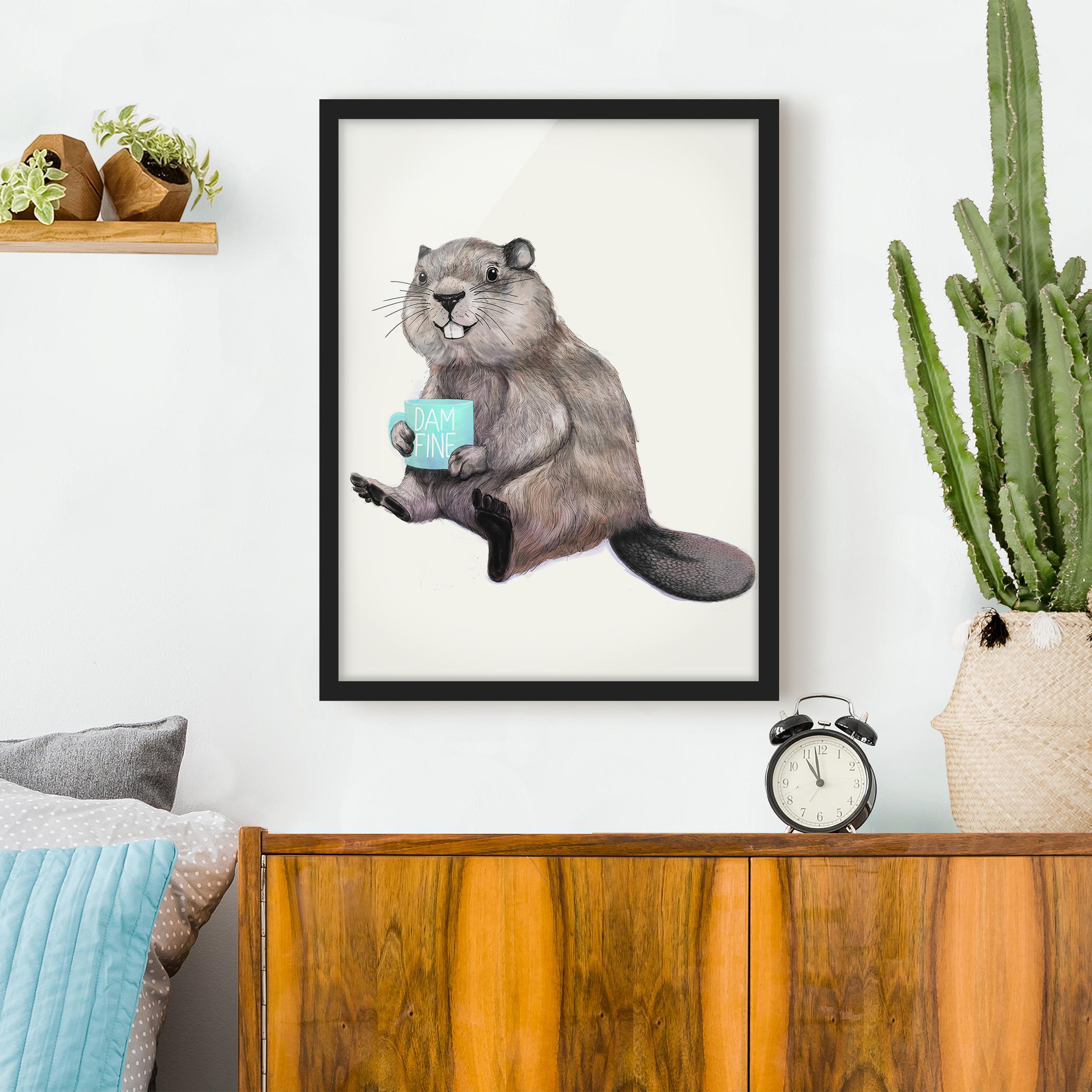 Bild mit Rahmen - Hochformat Illustration Biber mit Kaffeetasse