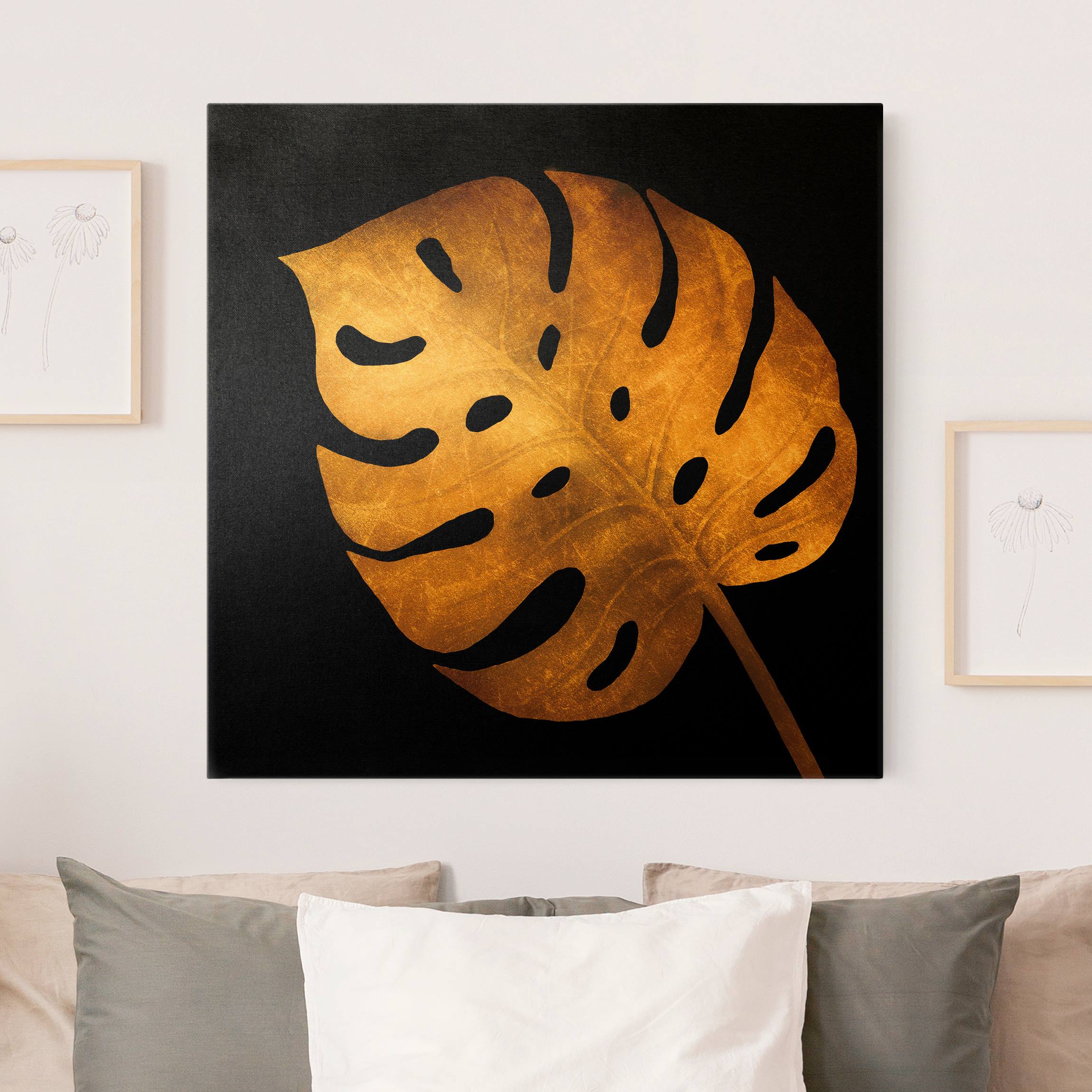 Leinwandbild Gold Gold - Monstera auf Schwarz