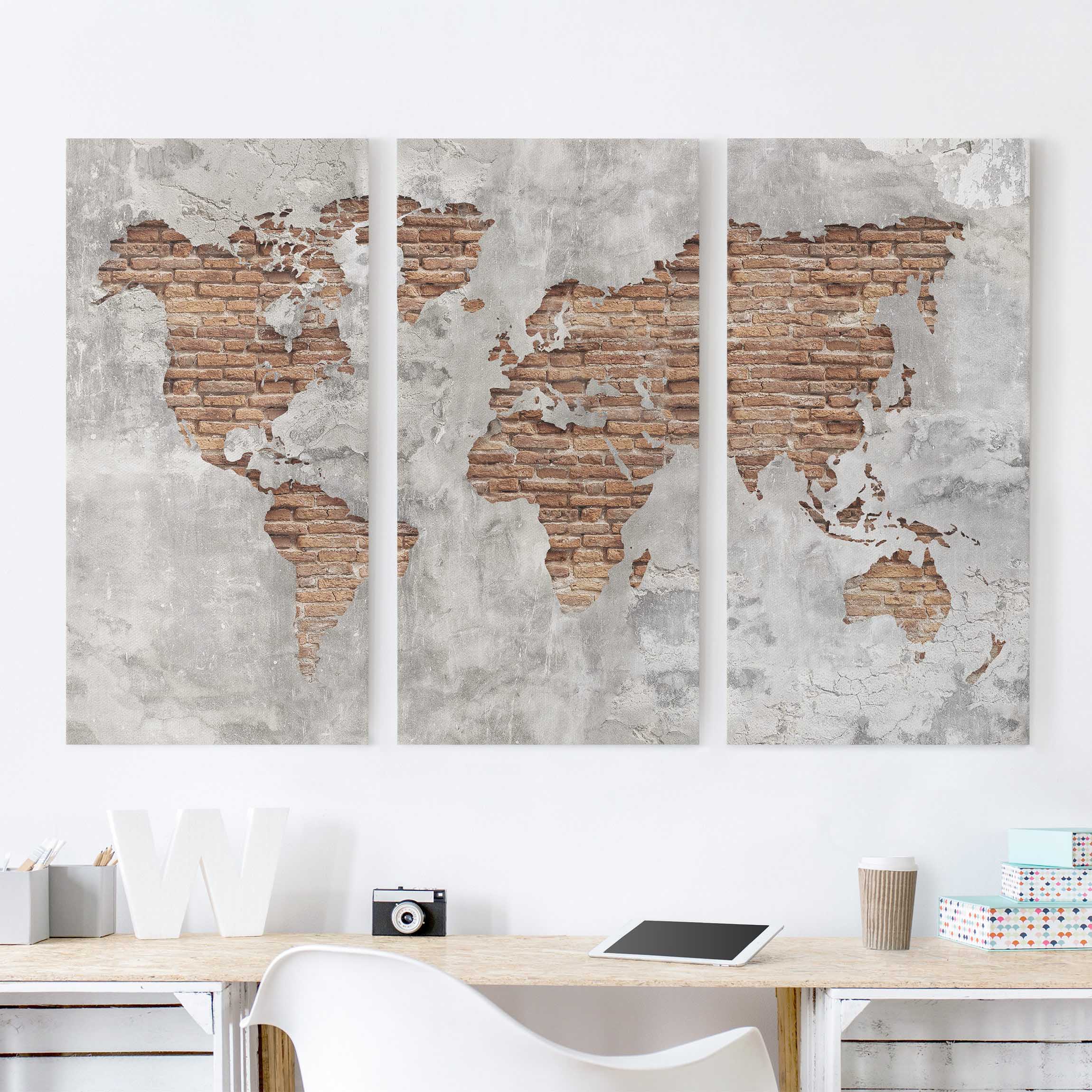 3-teiliges Leinwandbild - Querformat Shabby Beton Backstein Weltkarte