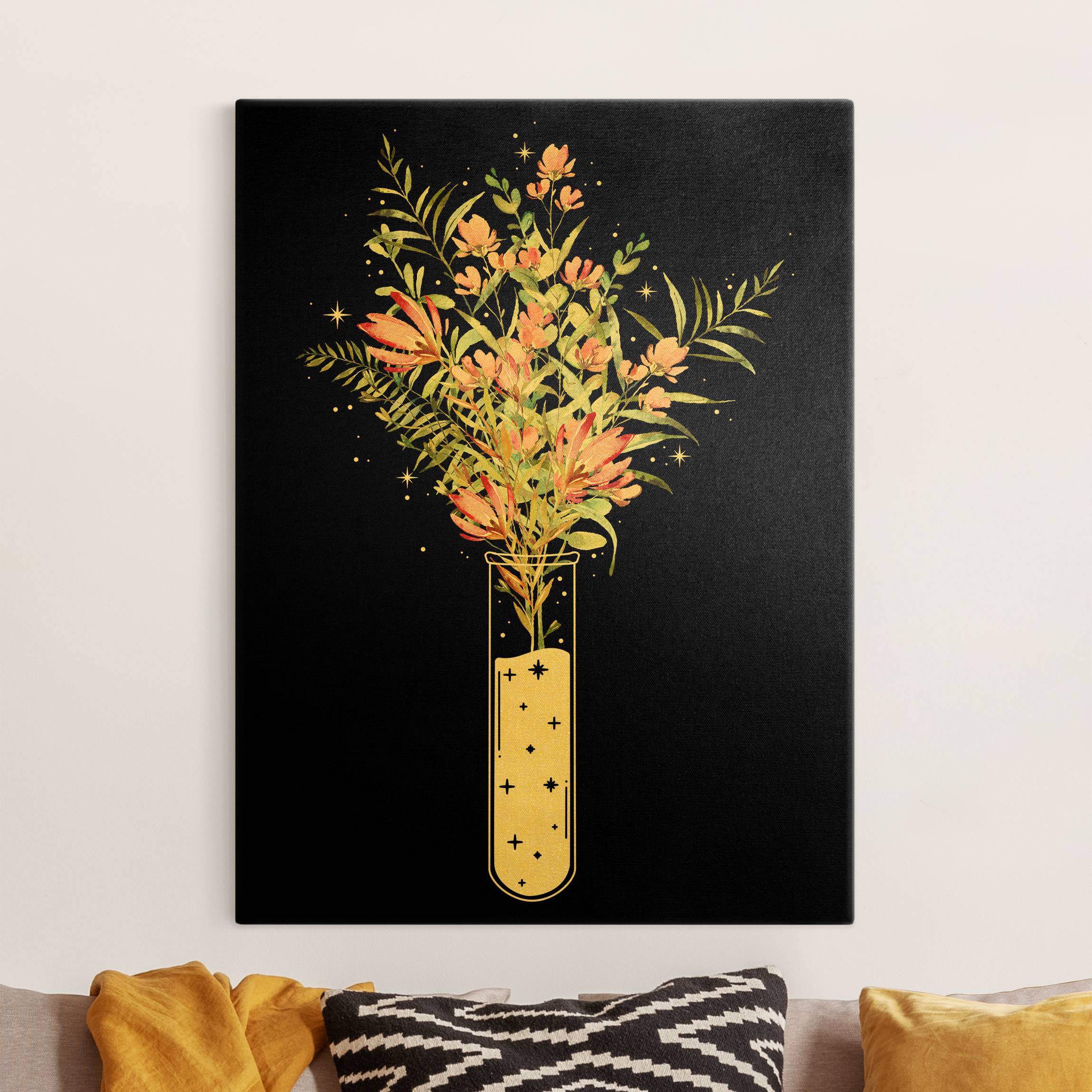 Leinwandbild Gold Blumen im Reagenzglas
