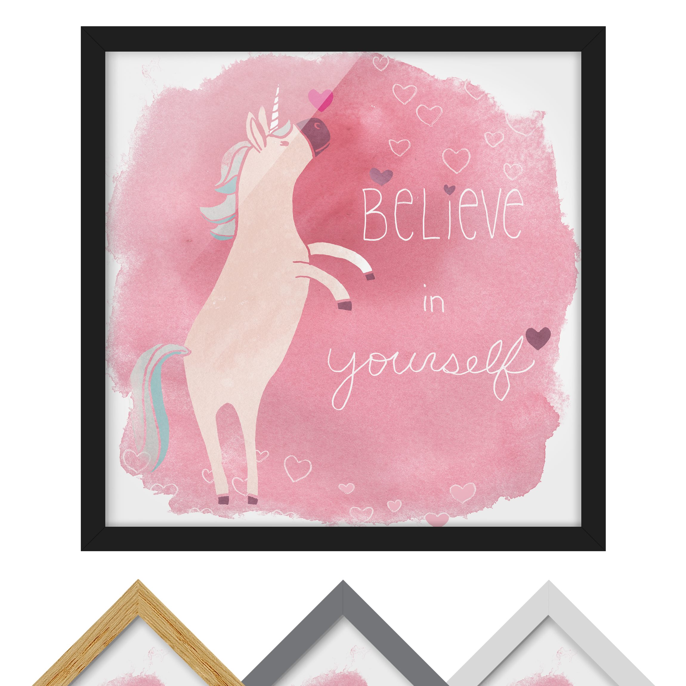 Spruch Bild mit Rahmen Einhorn-Truppe - Believe