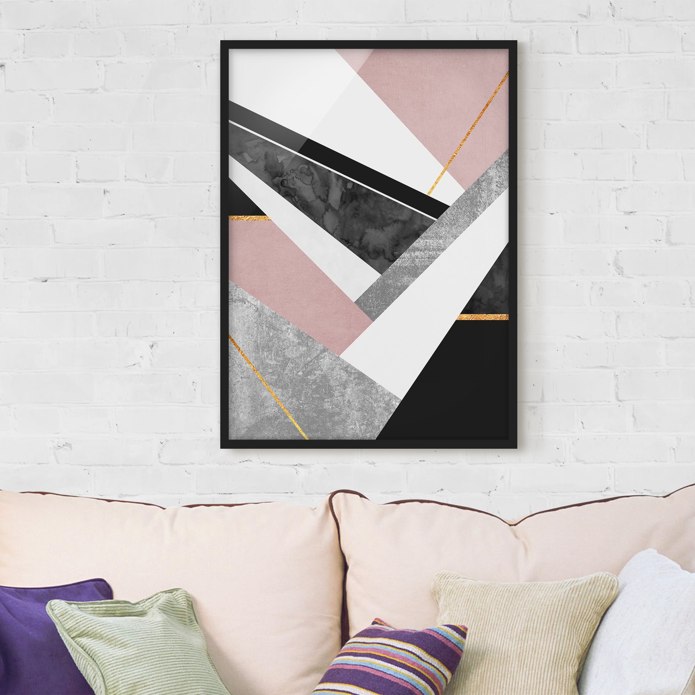 Bild mit Rahmen - Hochformat Schwarz Weiß Geometrie mit Gold