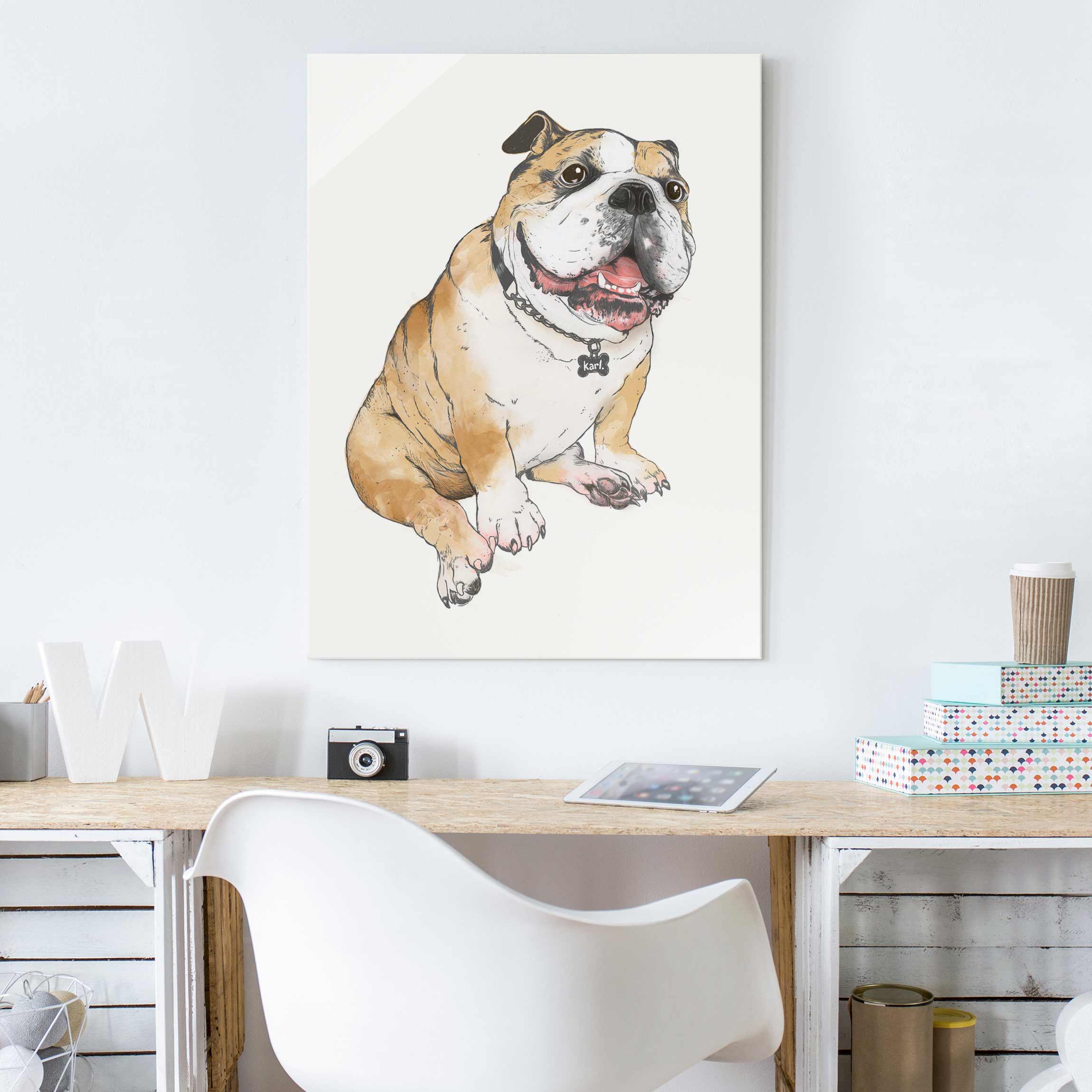 Glasbild - Hochformat Illustration Hund Bulldogge Malerei