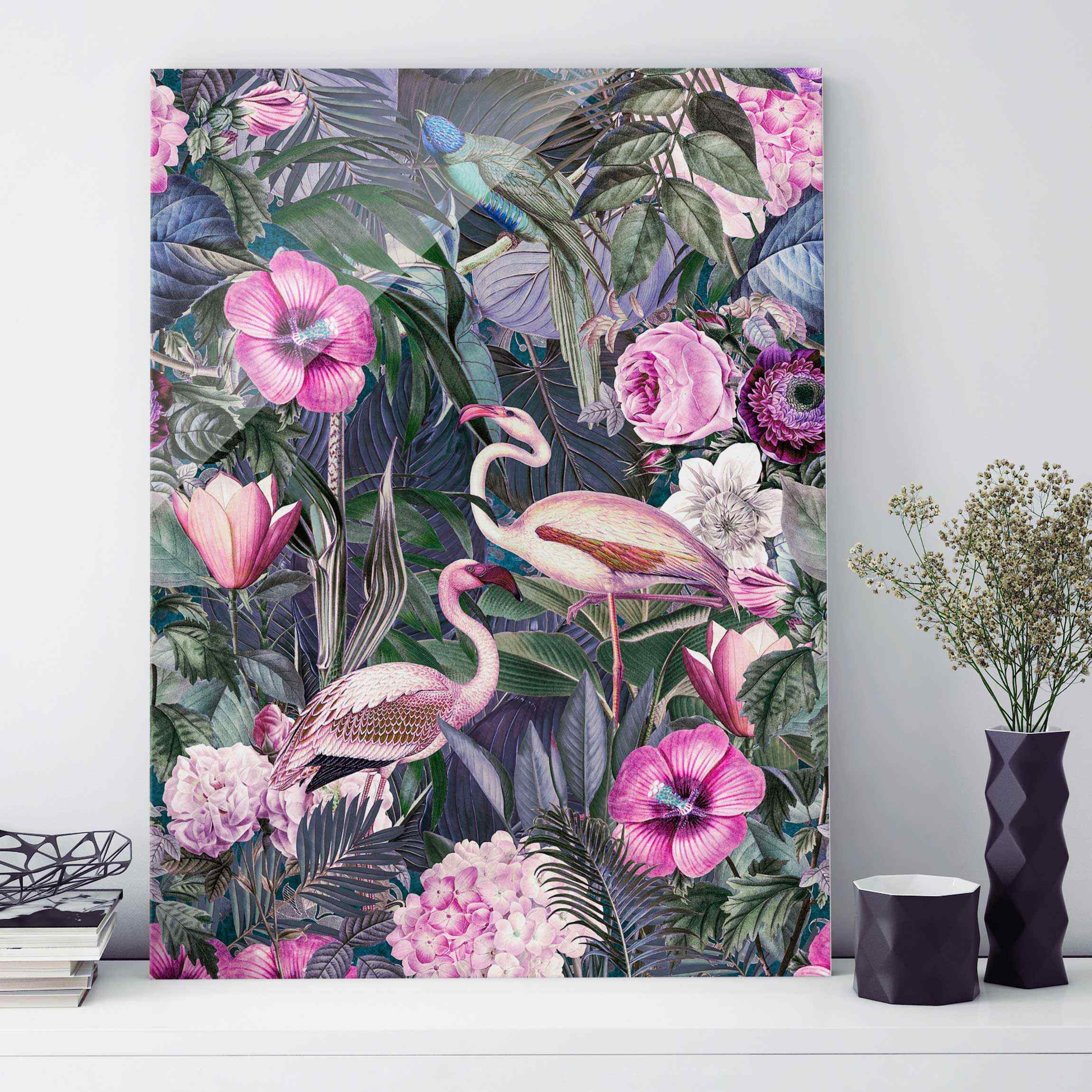 Glasbild Tiere Bunte Collage - Pinke Flamingos im Dschungel